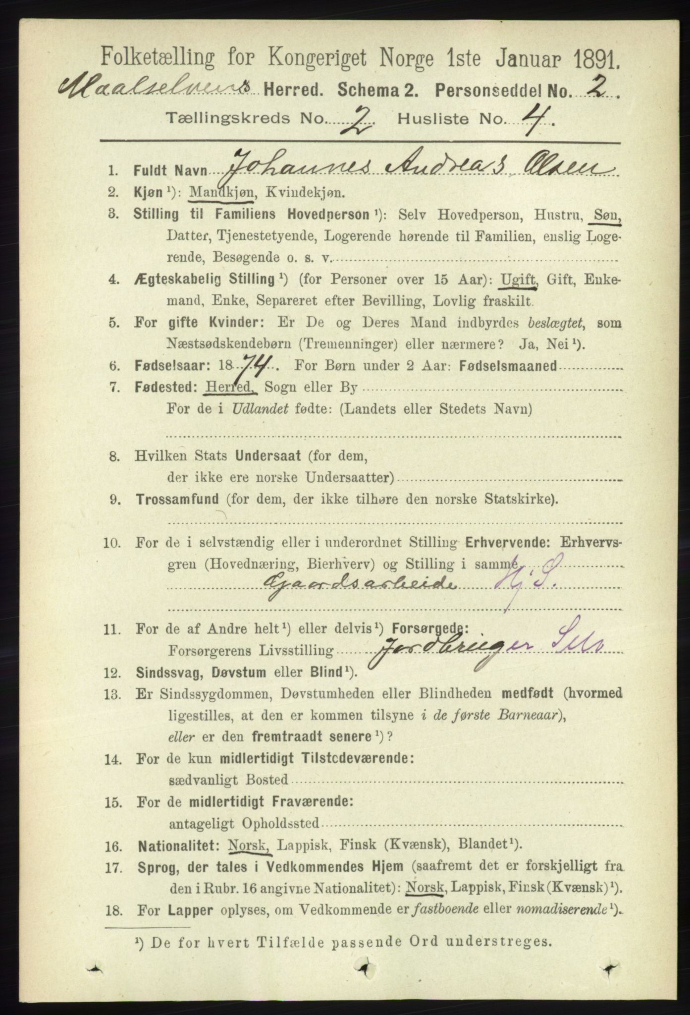 RA, 1891 census for 1924 Målselv, 1891, p. 316