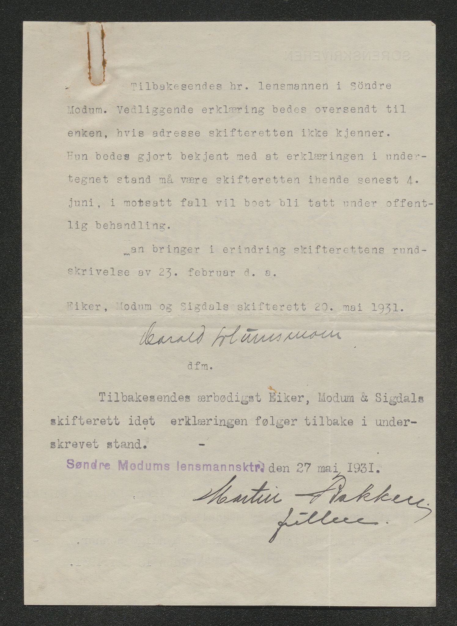 Eiker, Modum og Sigdal sorenskriveri, AV/SAKO-A-123/H/Ha/Hab/L0046: Dødsfallsmeldinger, 1930-1931, p. 837