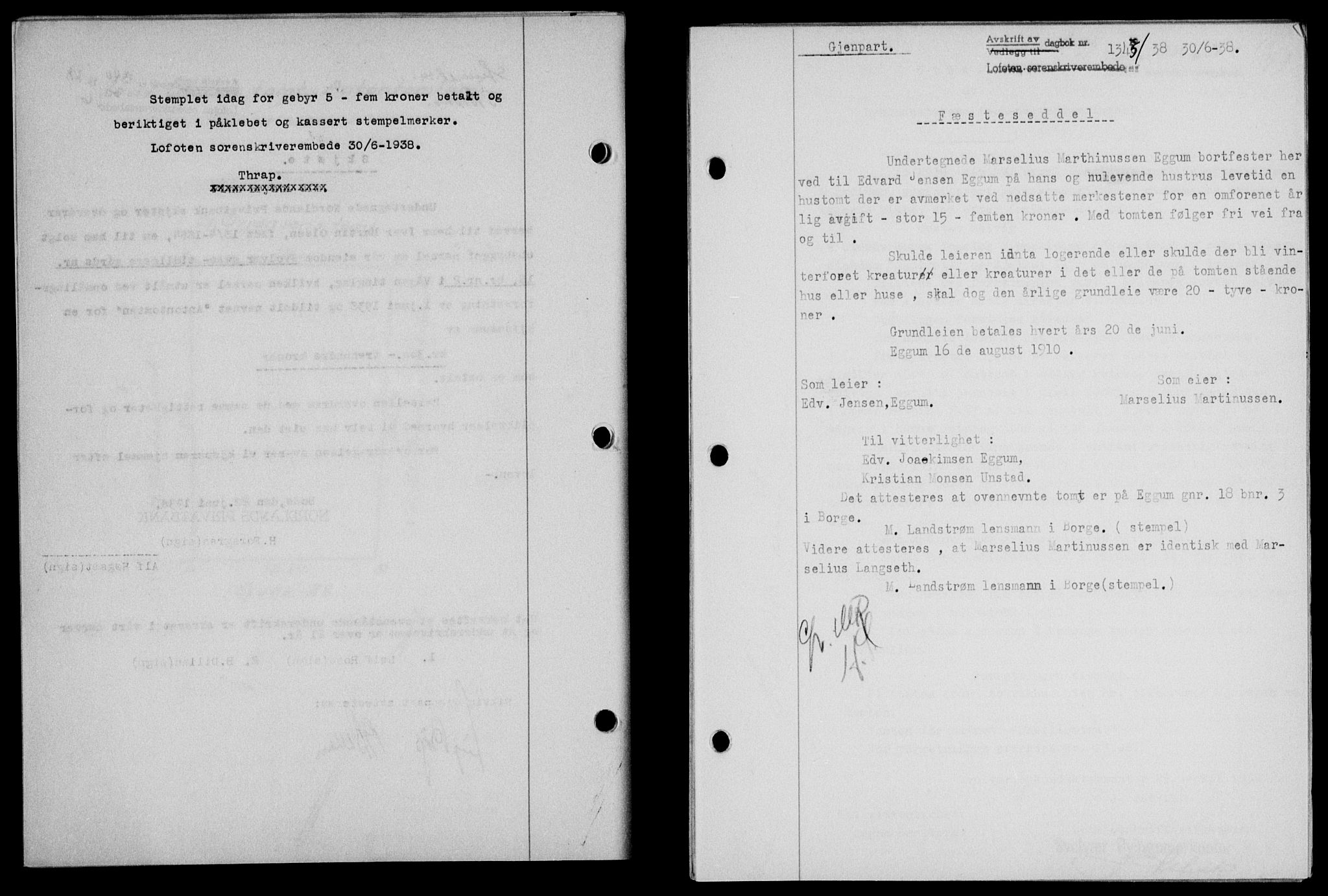 Lofoten sorenskriveri, SAT/A-0017/1/2/2C/L0004a: Mortgage book no. 4a, 1938-1938, Diary no: : 1345/1938