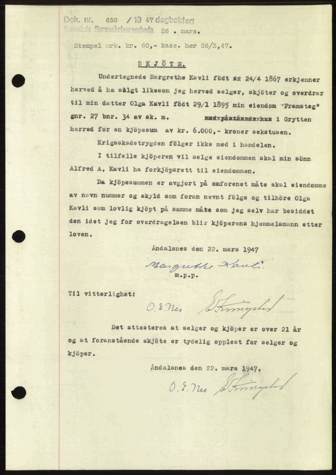 Romsdal sorenskriveri, AV/SAT-A-4149/1/2/2C: Mortgage book no. A22, 1947-1947, Diary no: : 658/1947