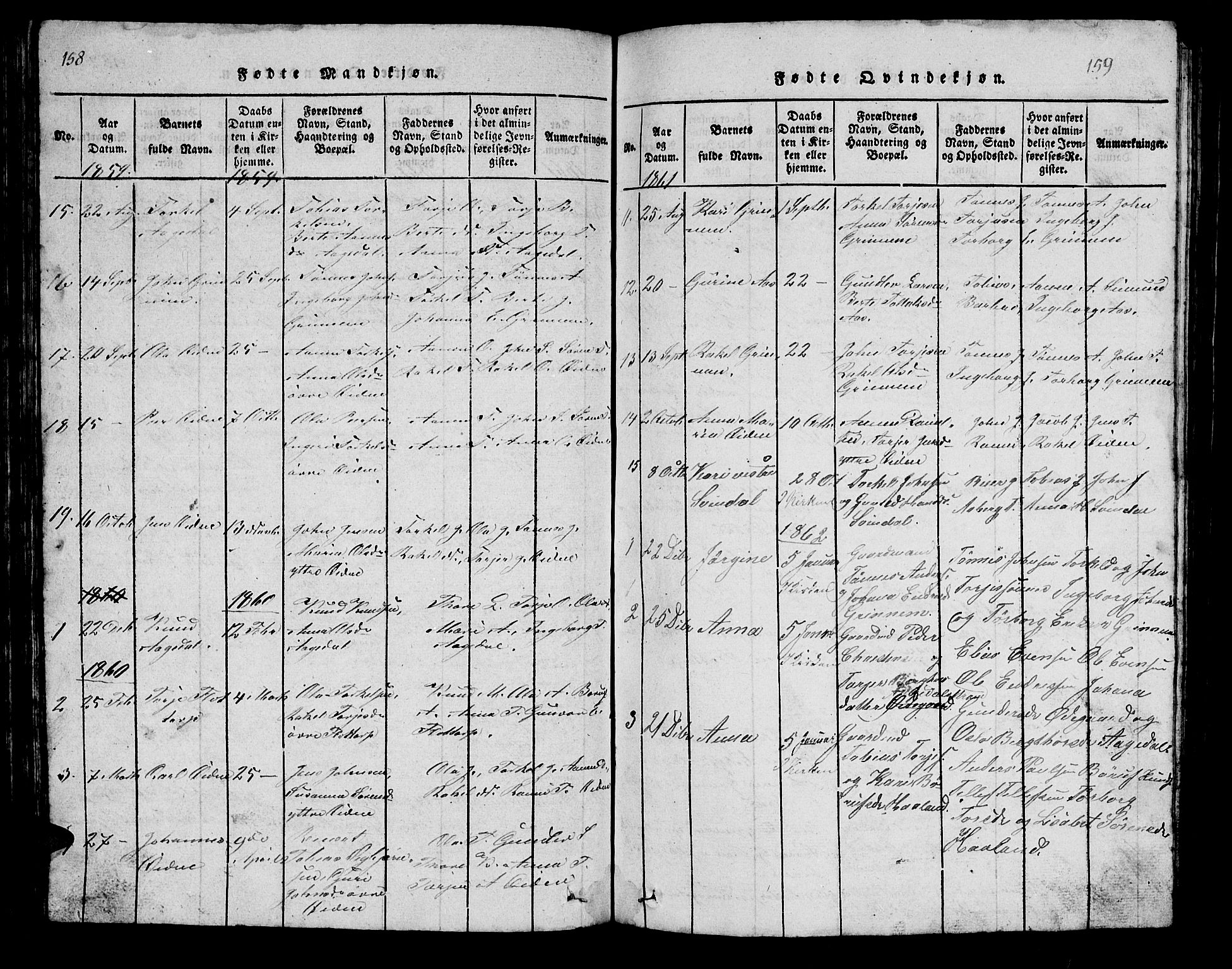 Bjelland sokneprestkontor, AV/SAK-1111-0005/F/Fb/Fbc/L0001: Parish register (copy) no. B 1, 1815-1870, p. 158-159