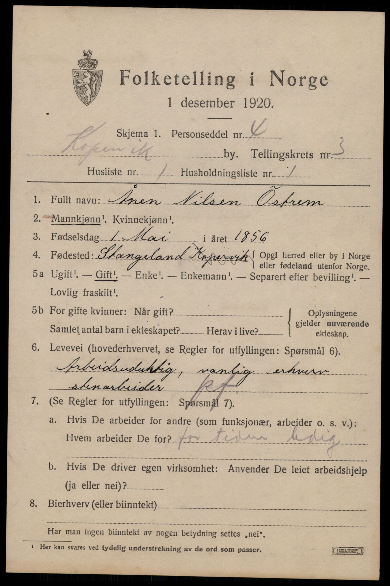 SAST, 1920 census for Kopervik, 1920, p. 4102