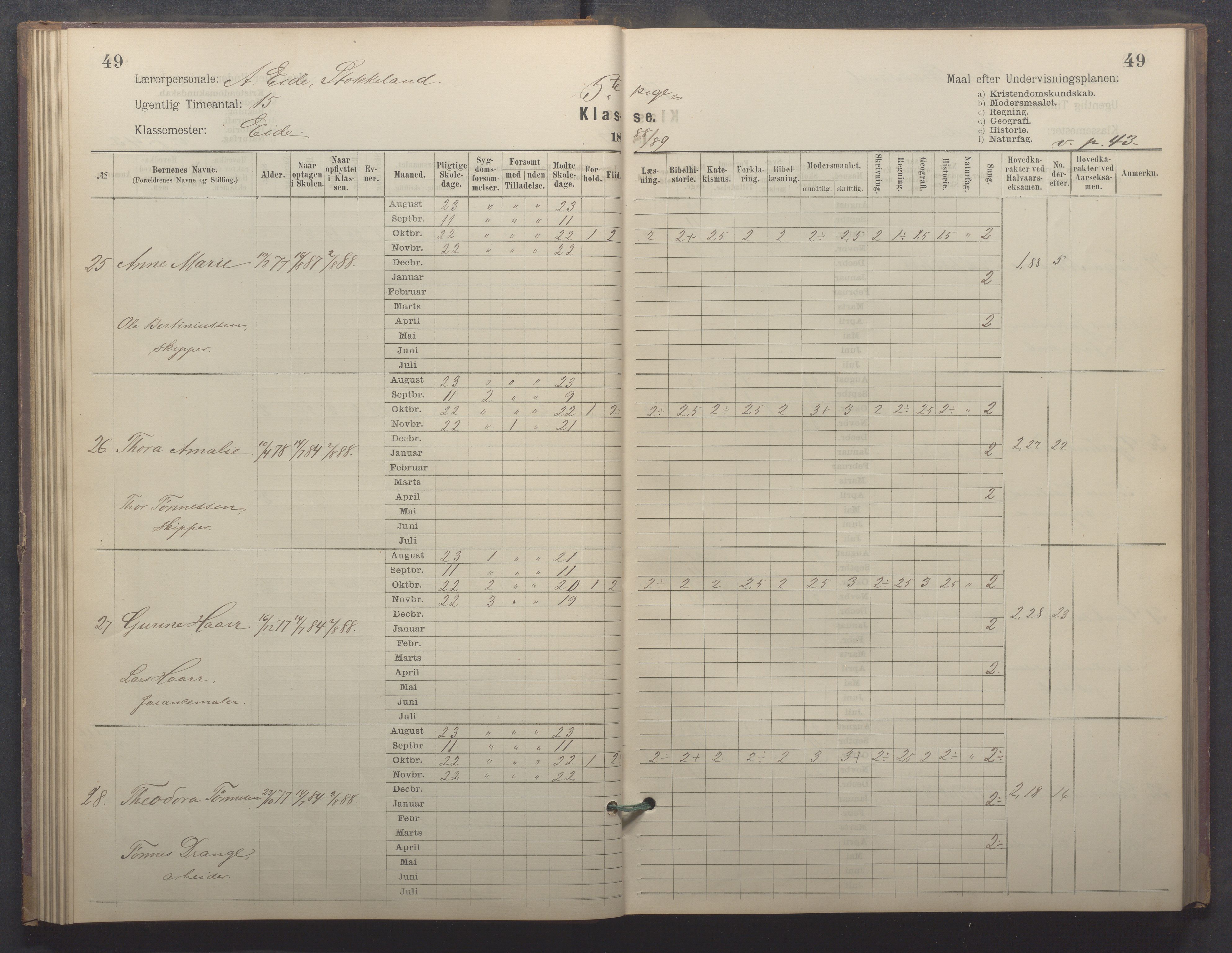 Egersund kommune (Ladested) - Egersund almueskole/folkeskole, IKAR/K-100521/H/L0022: Skoleprotokoll - Almueskolen, 5. klasse, 1886-1892, p. 49