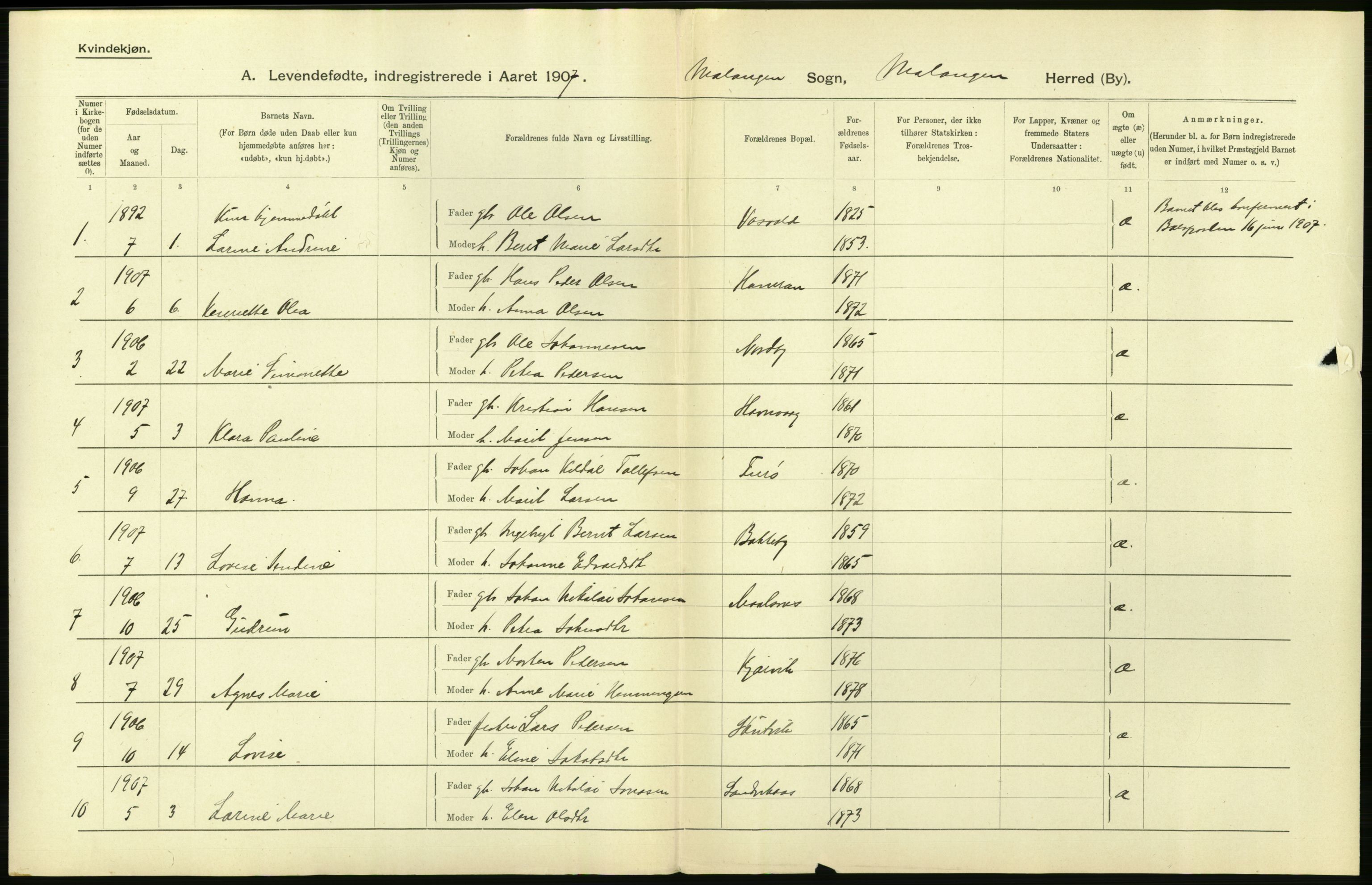 Statistisk sentralbyrå, Sosiodemografiske emner, Befolkning, AV/RA-S-2228/D/Df/Dfa/Dfae/L0046: Tromsø amt: Levendefødte menn og kvinner. Bygder og byer., 1907, p. 484