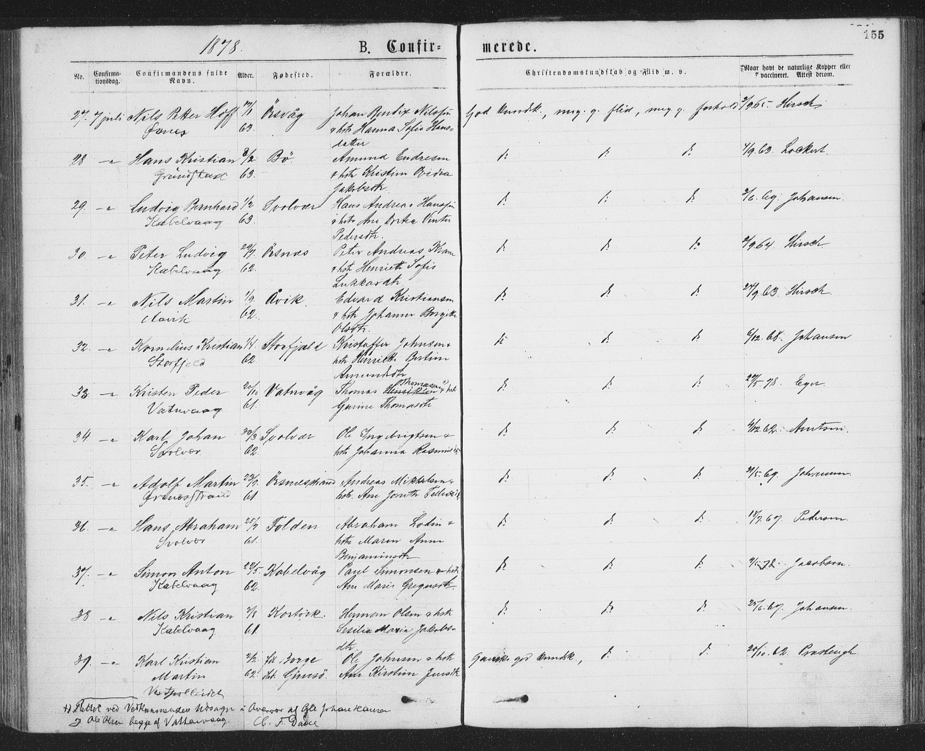 Ministerialprotokoller, klokkerbøker og fødselsregistre - Nordland, AV/SAT-A-1459/874/L1058: Parish register (official) no. 874A02, 1878-1883, p. 155