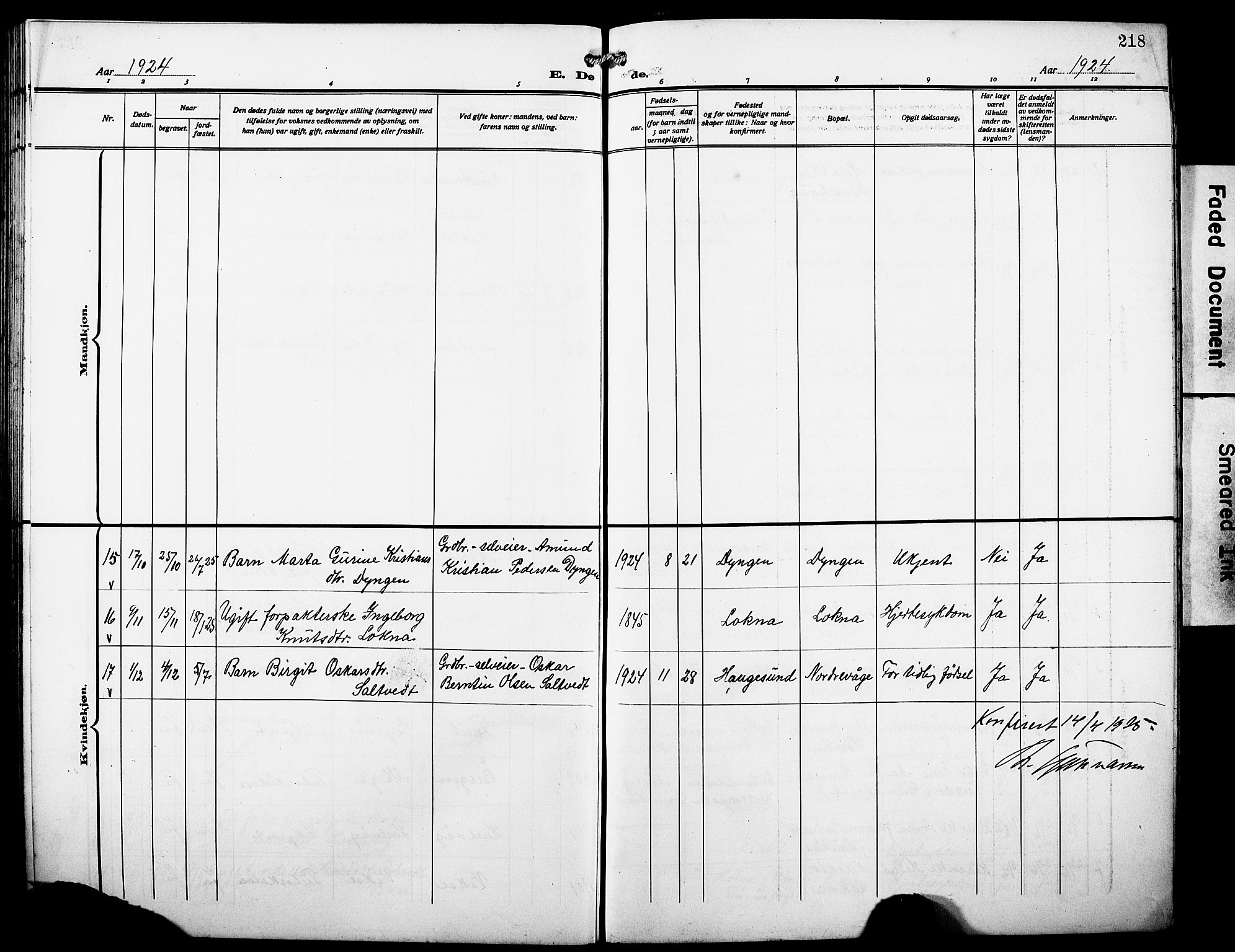 Sveio Sokneprestembete, AV/SAB-A-78501/H/Hab: Parish register (copy) no. A 5, 1911-1926, p. 218