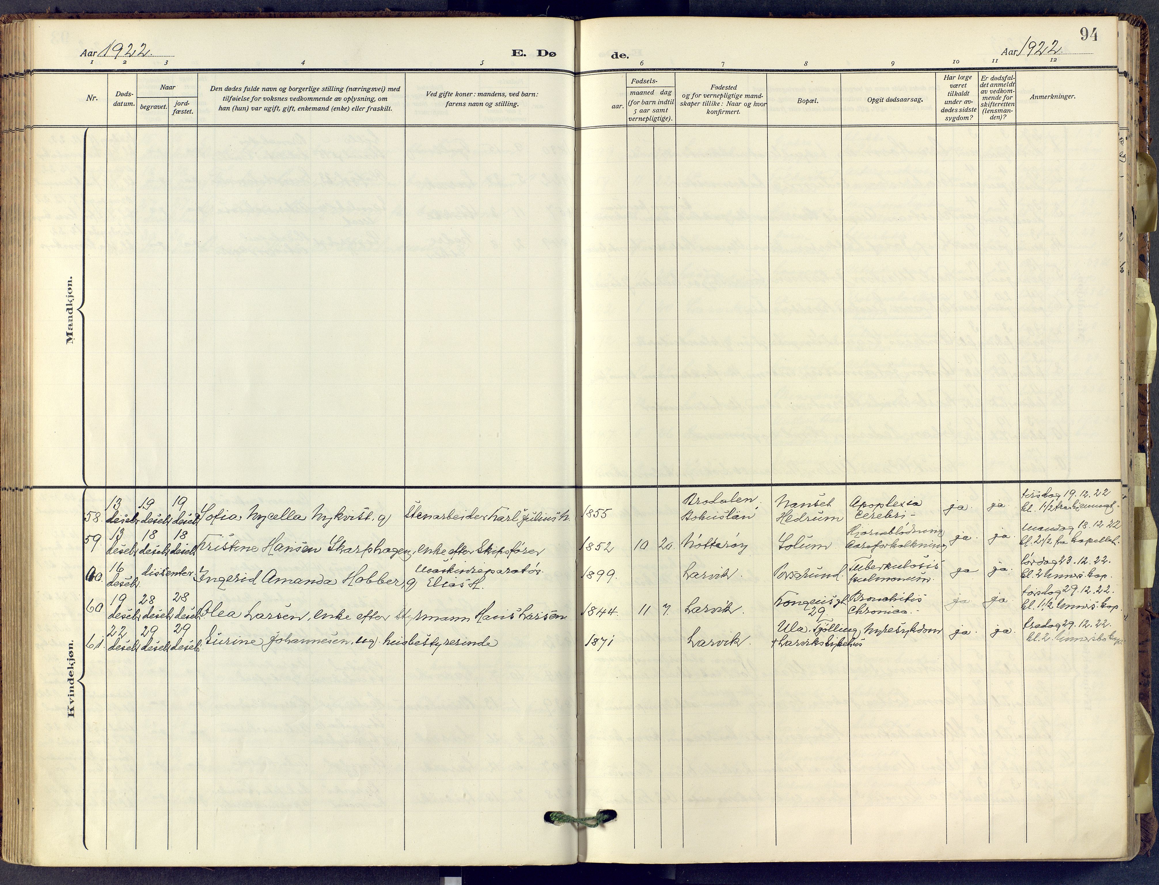 Larvik kirkebøker, AV/SAKO-A-352/F/Fa/L0013: Parish register (official) no. I 13, 1910-1960, p. 94