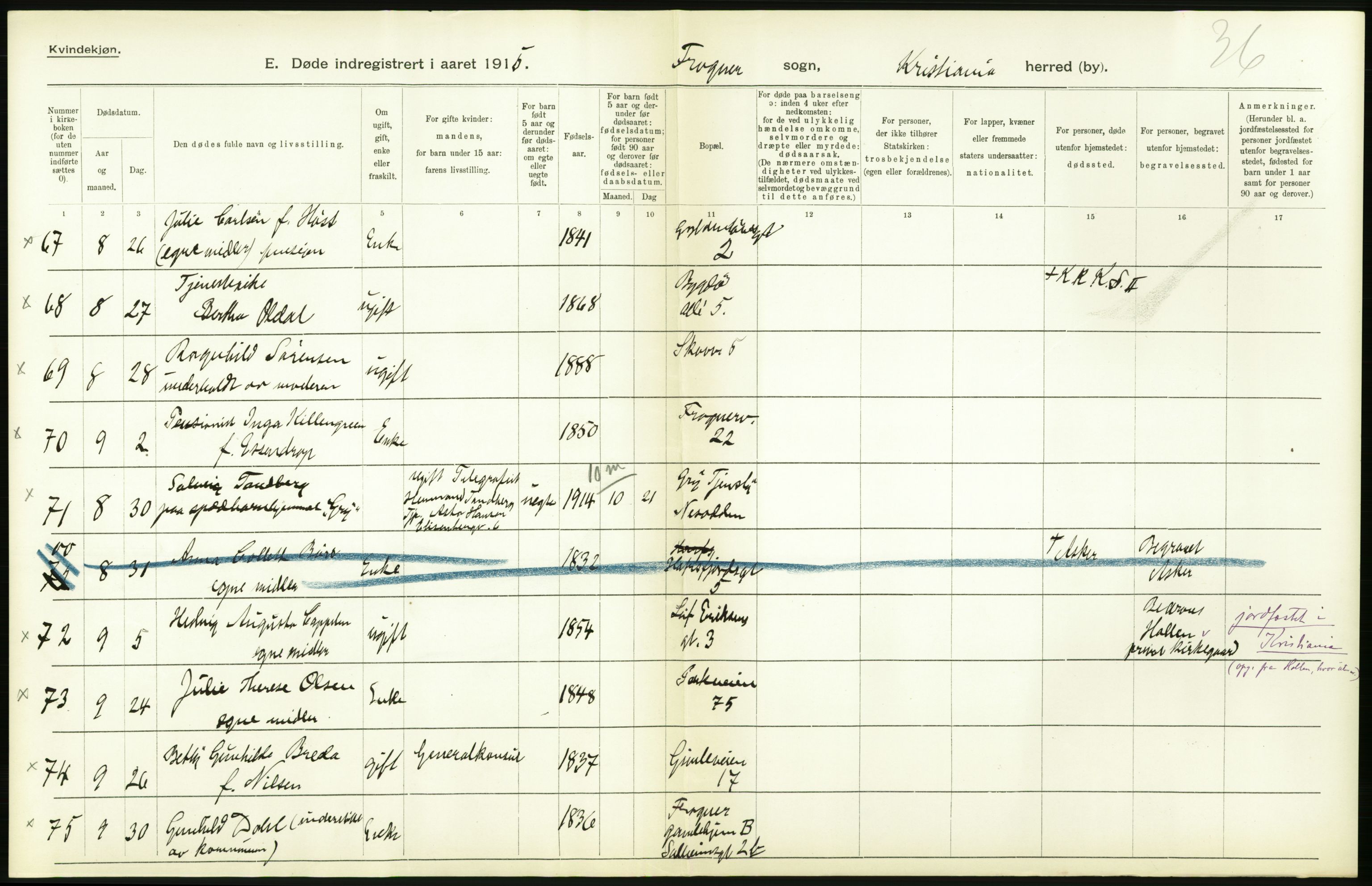 Statistisk sentralbyrå, Sosiodemografiske emner, Befolkning, AV/RA-S-2228/D/Df/Dfb/Dfbe/L0009: Kristiania: Døde., 1915, p. 452