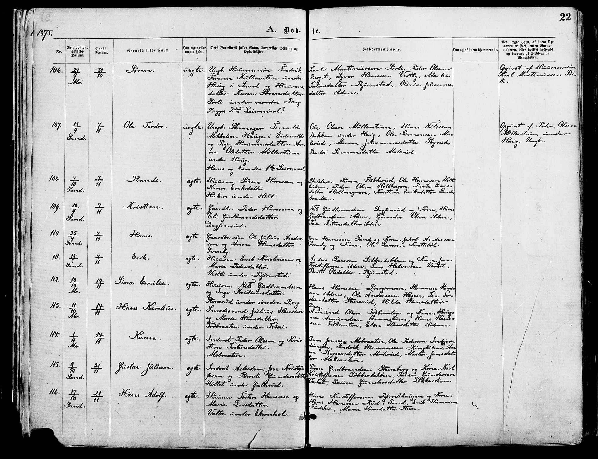 Nord-Odal prestekontor, AV/SAH-PREST-032/H/Ha/Haa/L0005: Parish register (official) no. 5, 1874-1885, p. 22