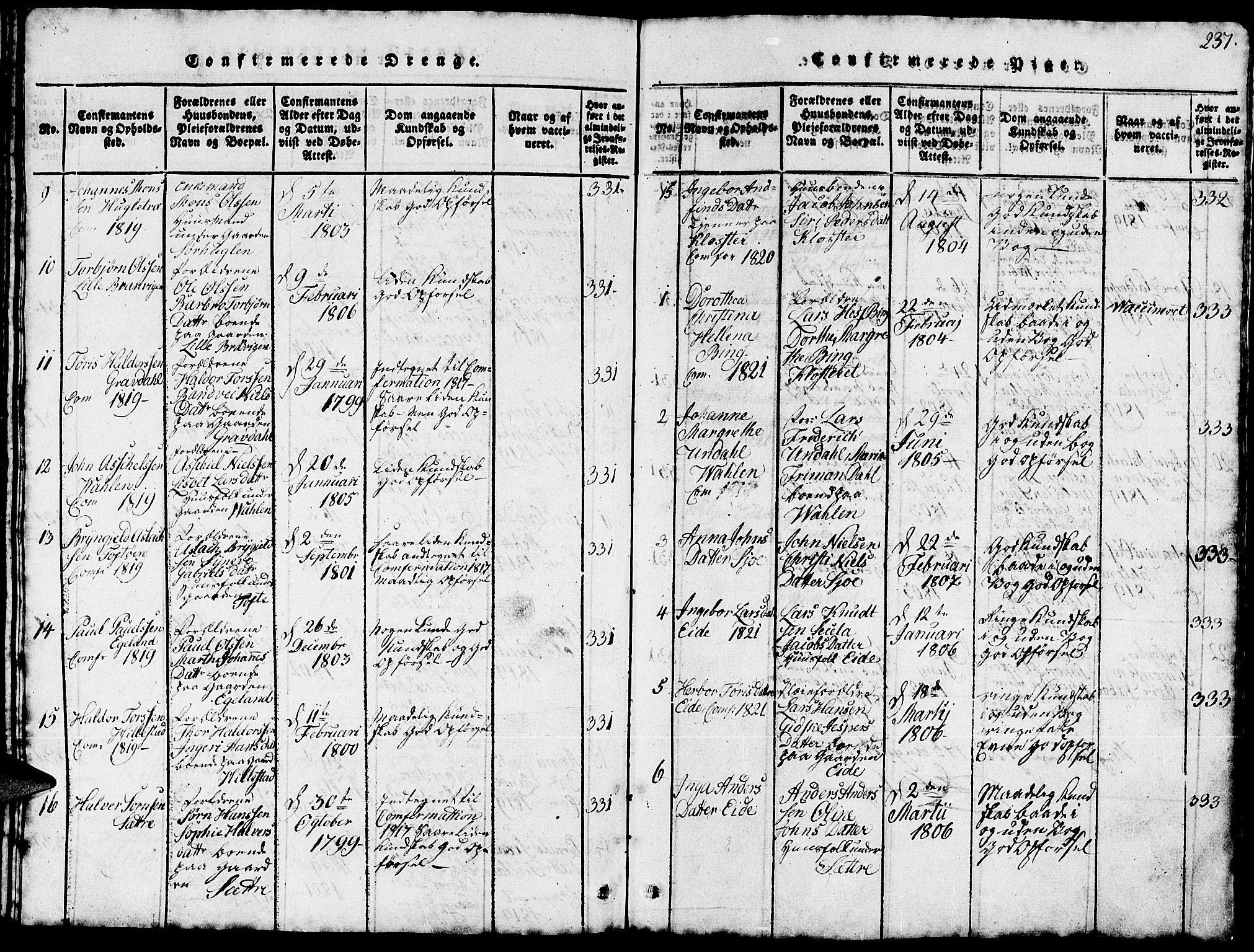 Fjelberg sokneprestembete, AV/SAB-A-75201/H/Hab: Parish register (copy) no. B 1, 1815-1823, p. 237