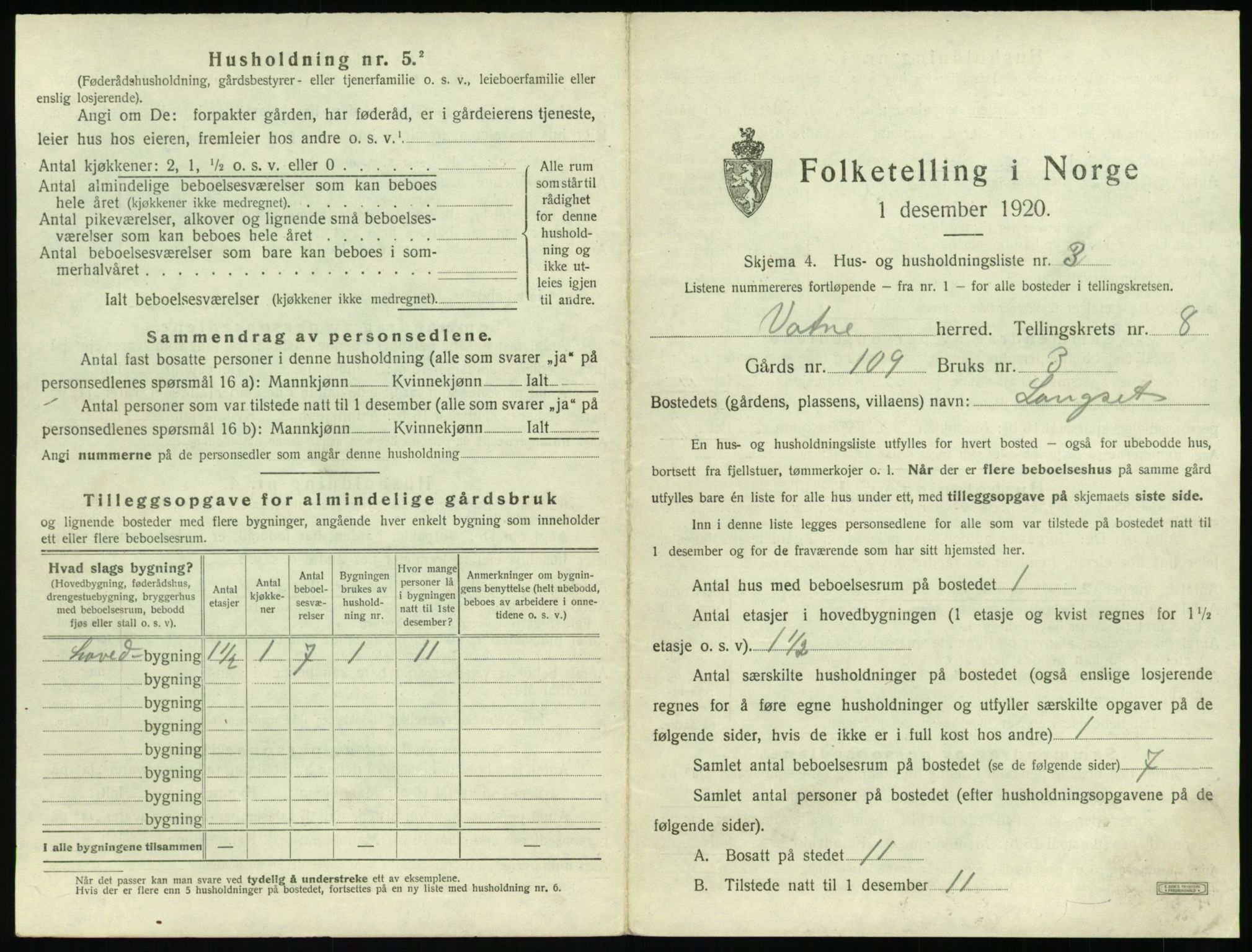 SAT, 1920 census for Vatne, 1920, p. 460