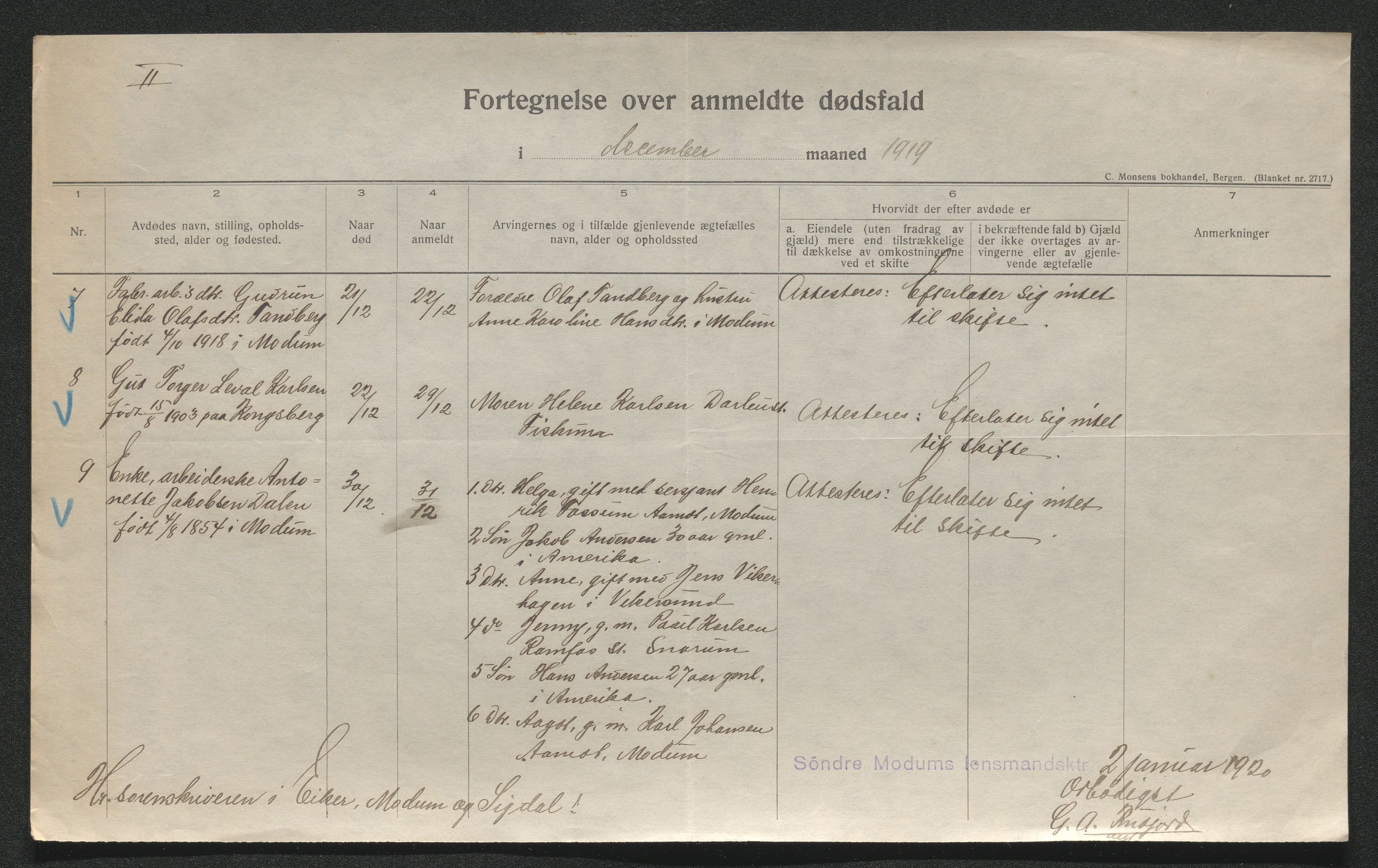 Eiker, Modum og Sigdal sorenskriveri, AV/SAKO-A-123/H/Ha/Hab/L0039: Dødsfallsmeldinger, 1918-1919, p. 1241