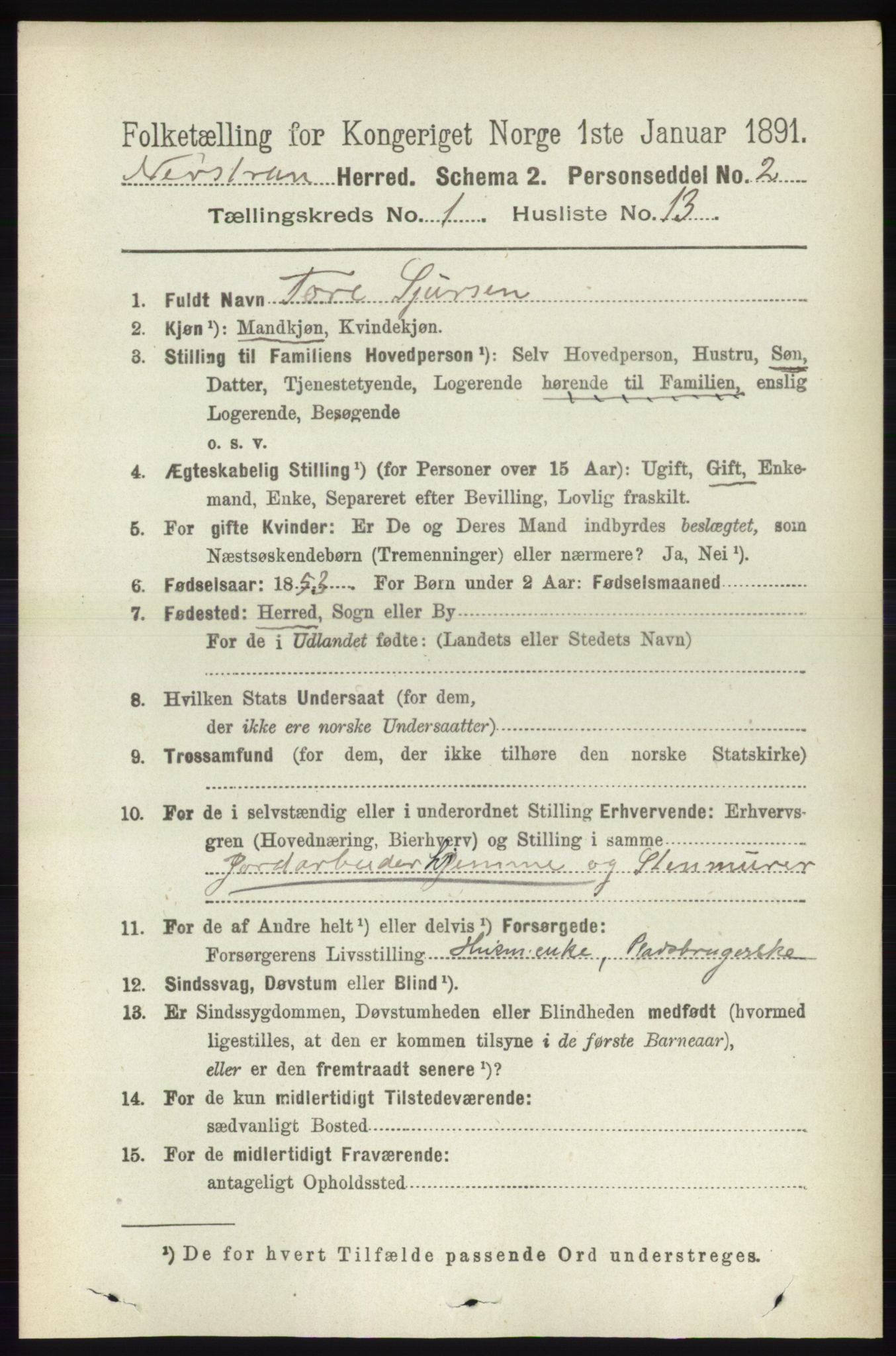 RA, 1891 census for 1139 Nedstrand, 1891, p. 150