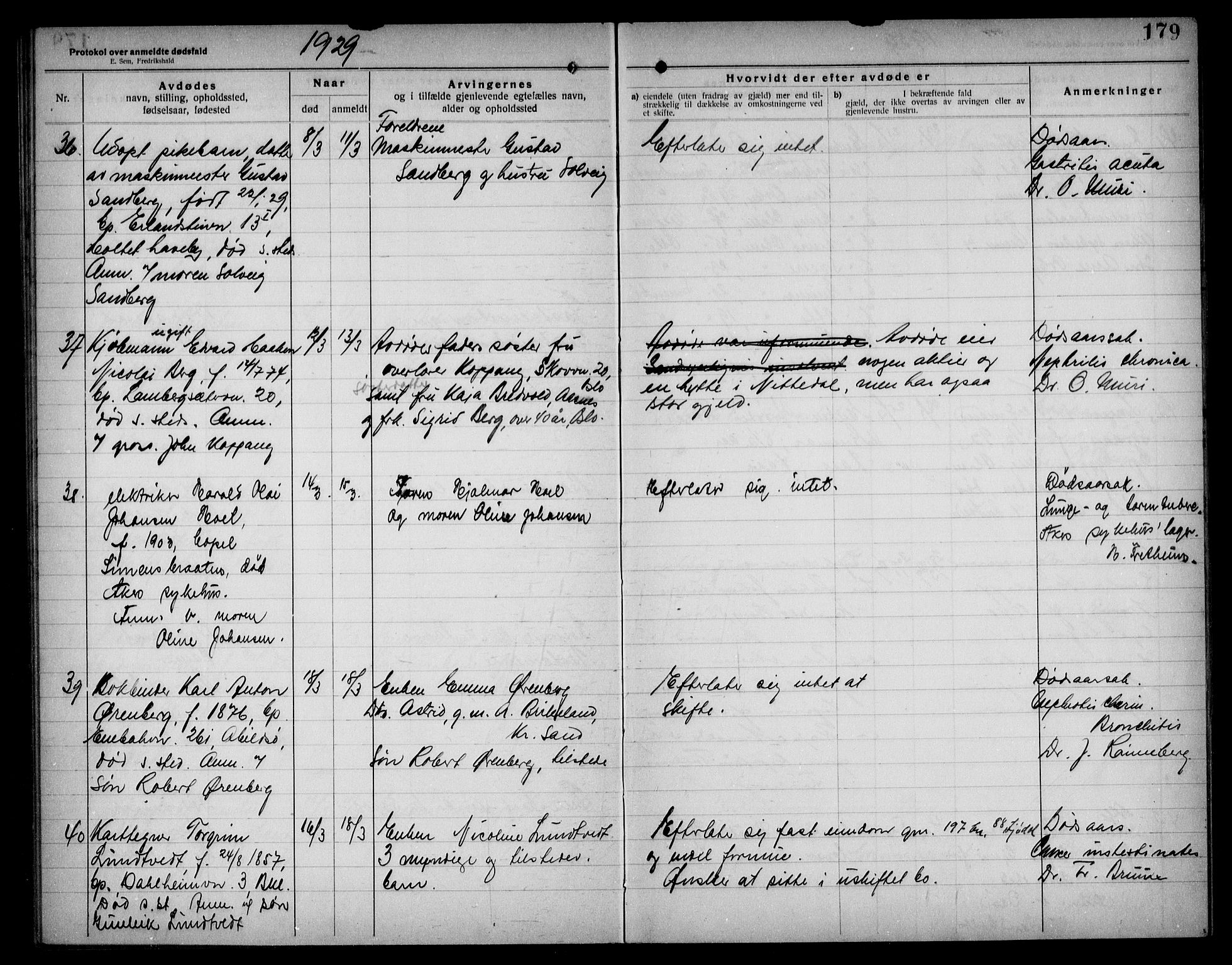 Aker kriminaldommer, skifte- og auksjonsforvalterembete, AV/SAO-A-10452/H/Hb/Hba/Hbad/L0001: Dødsfallsprotokoll for Nordstrand, 1922-1929, p. 179