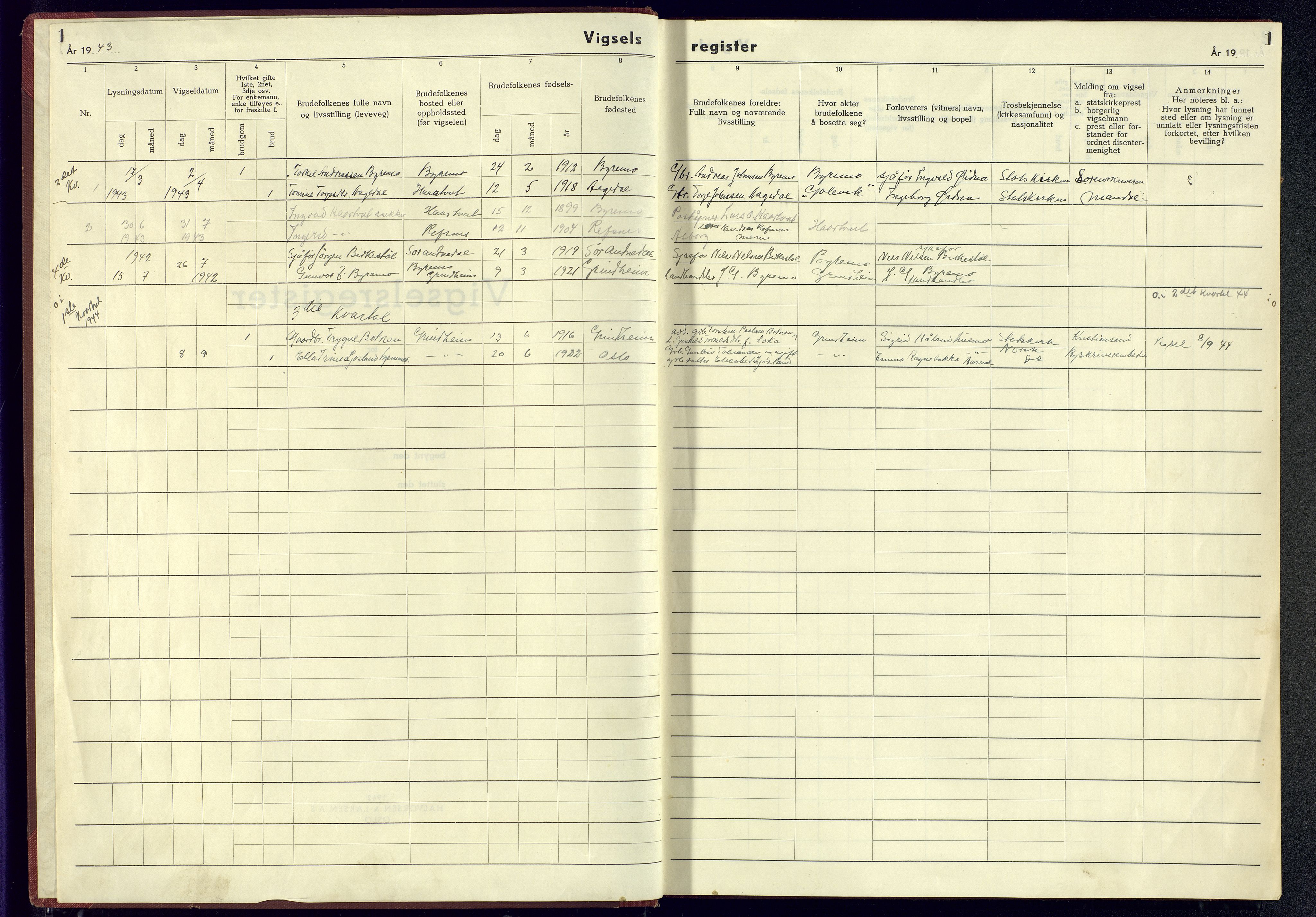 Bjelland sokneprestkontor, SAK/1111-0005/J/Jb/L0004: Marriage register no. II.6.4, 1942-1944, p. 1