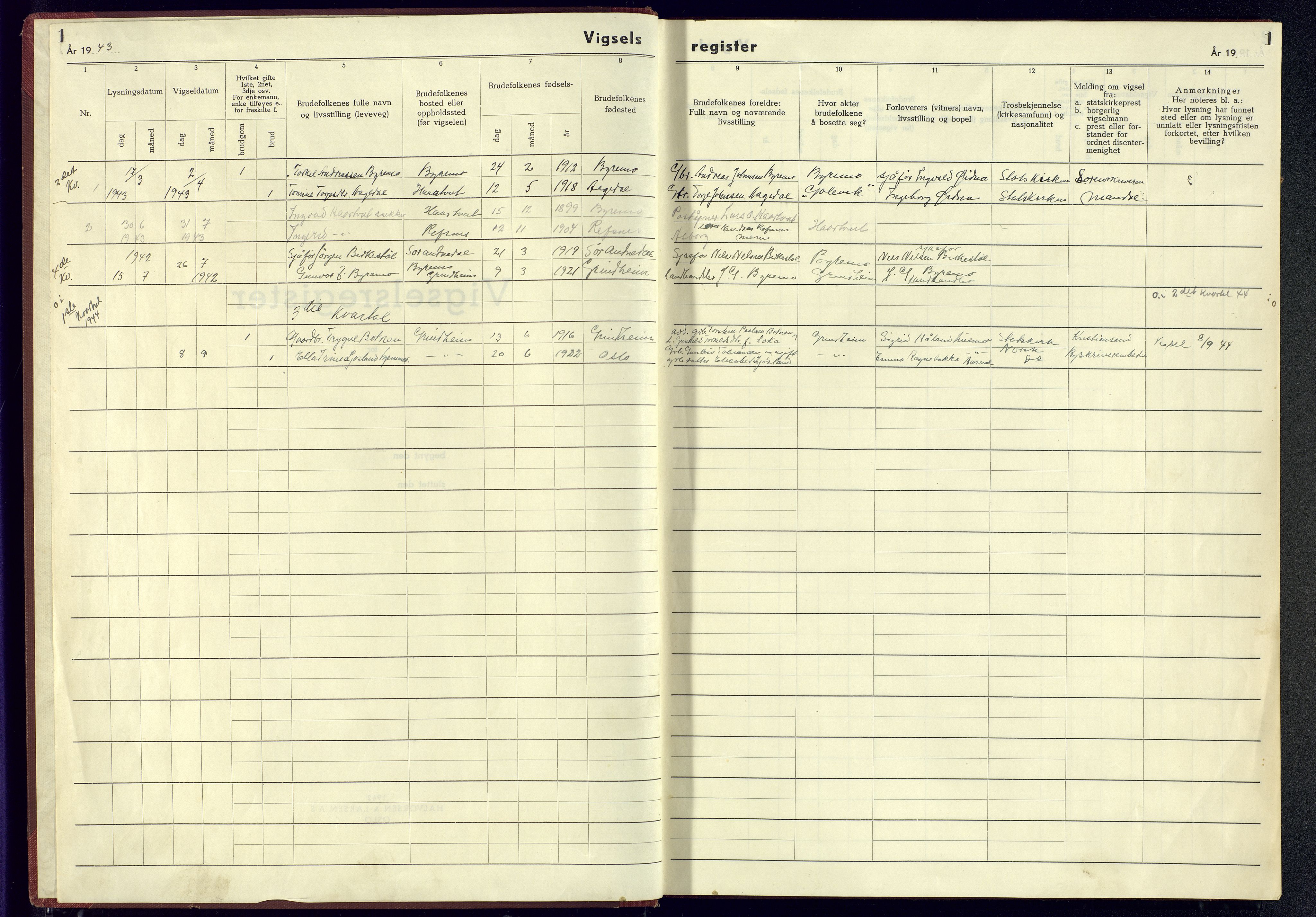 Bjelland sokneprestkontor, AV/SAK-1111-0005/J/Jb/L0004: Marriage register no. II.6.4, 1942-1944, p. 1