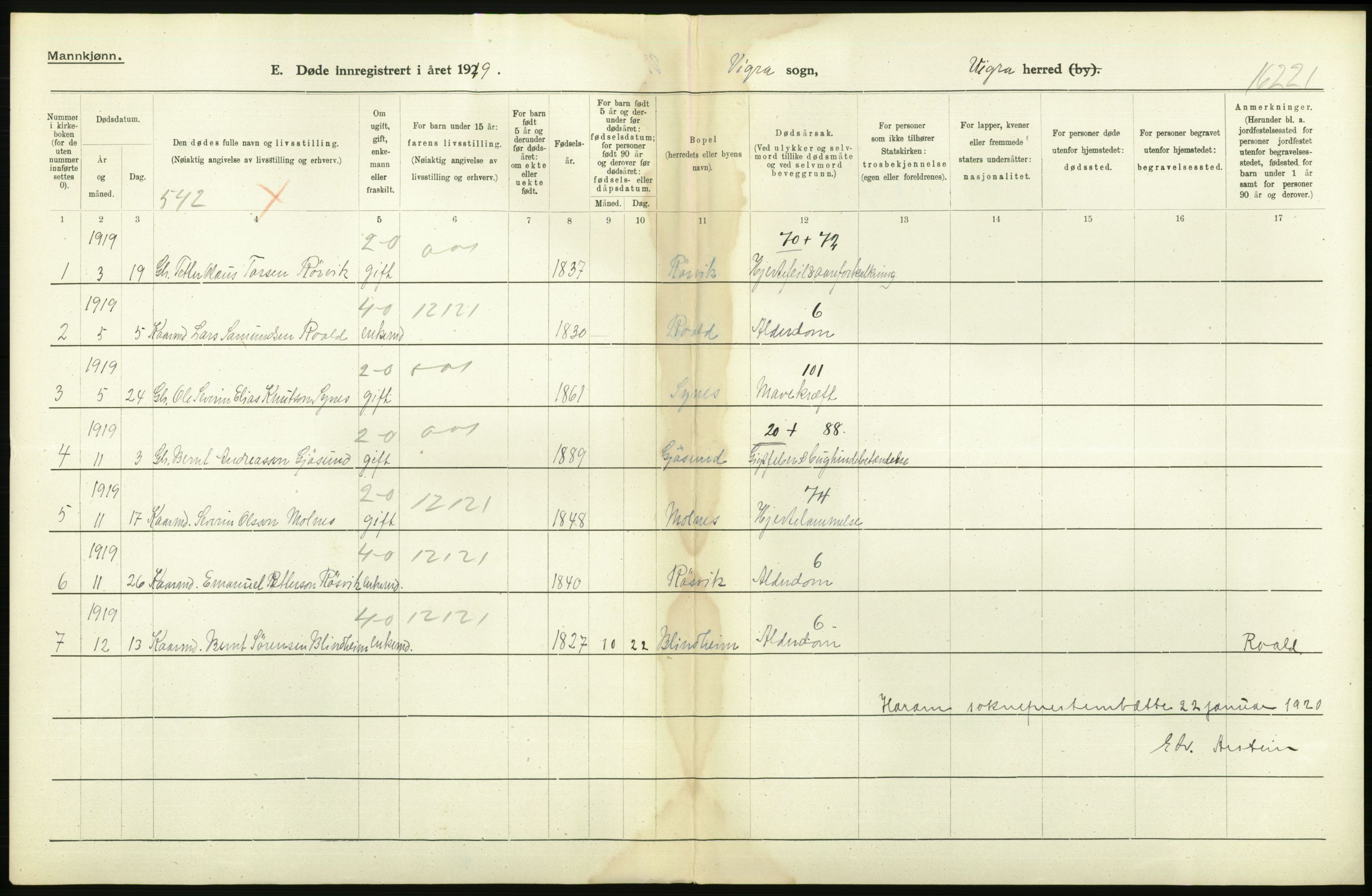 Statistisk sentralbyrå, Sosiodemografiske emner, Befolkning, AV/RA-S-2228/D/Df/Dfb/Dfbi/L0042: Møre fylke: Døde. Bygder og byer., 1919, p. 86