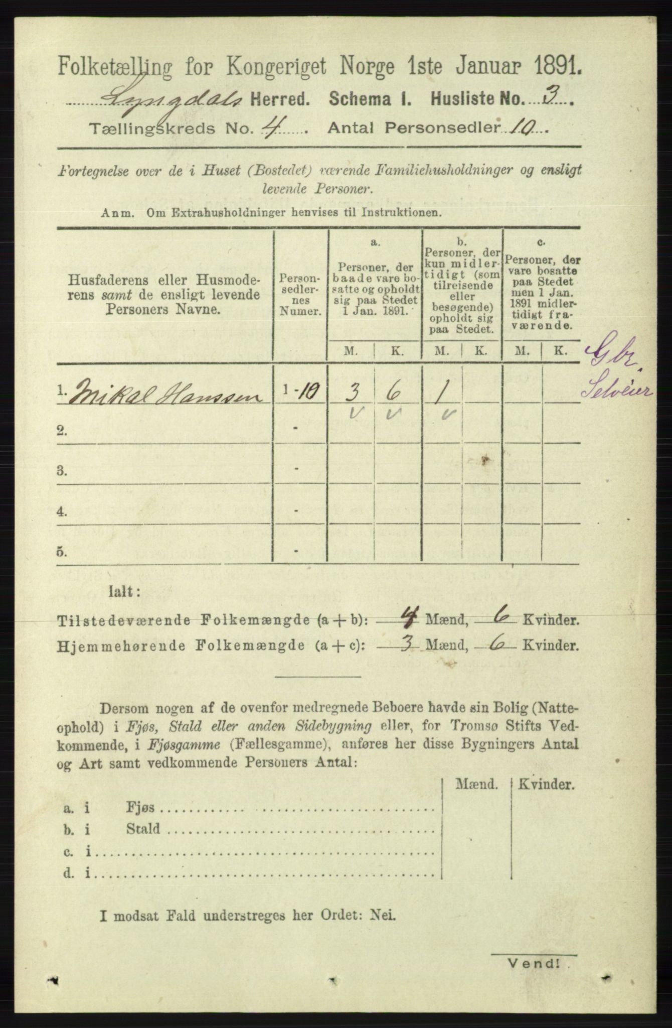 RA, 1891 census for 1032 Lyngdal, 1891, p. 1356