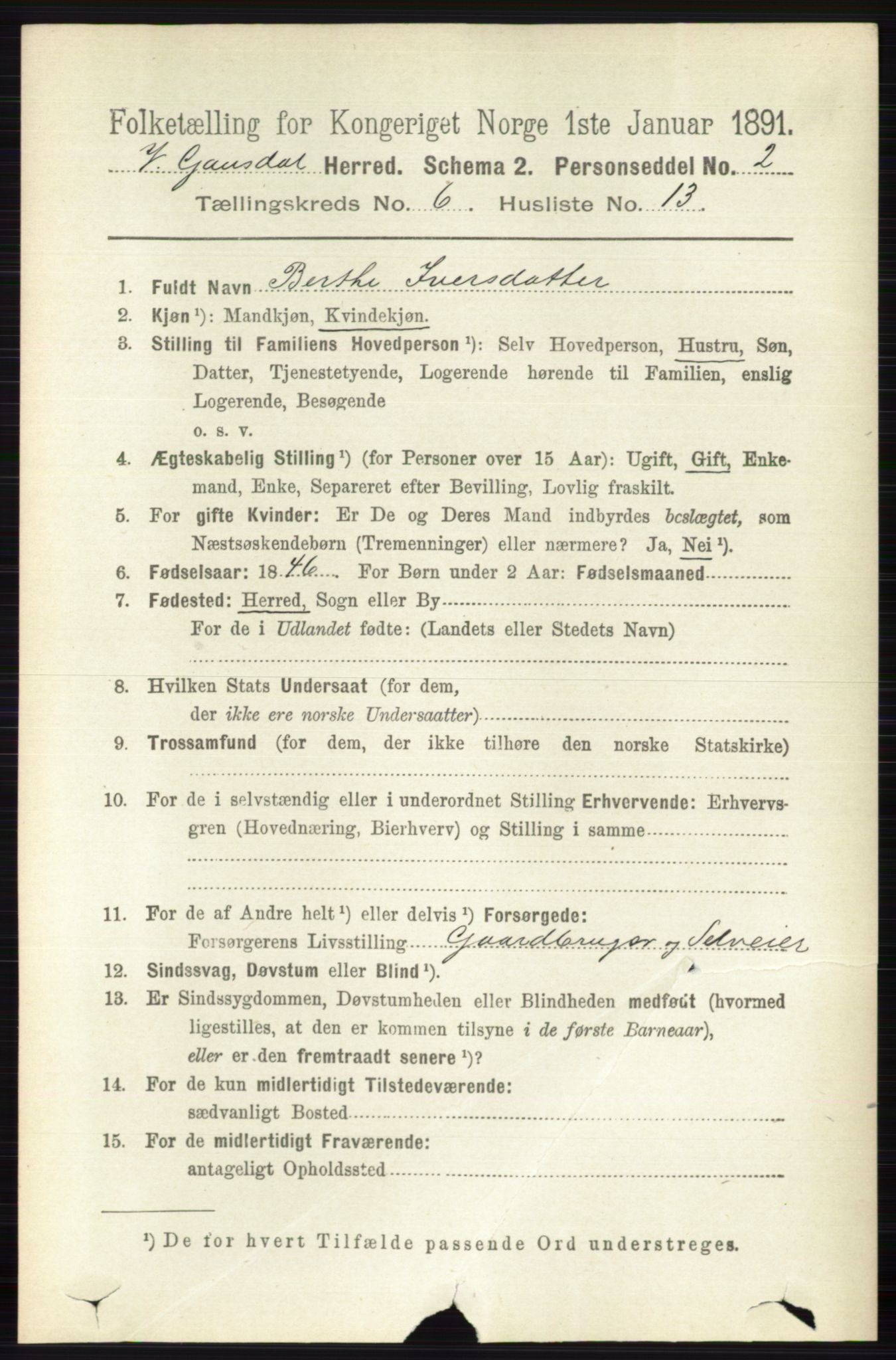 RA, 1891 census for 0523 Vestre Gausdal, 1891, p. 2637