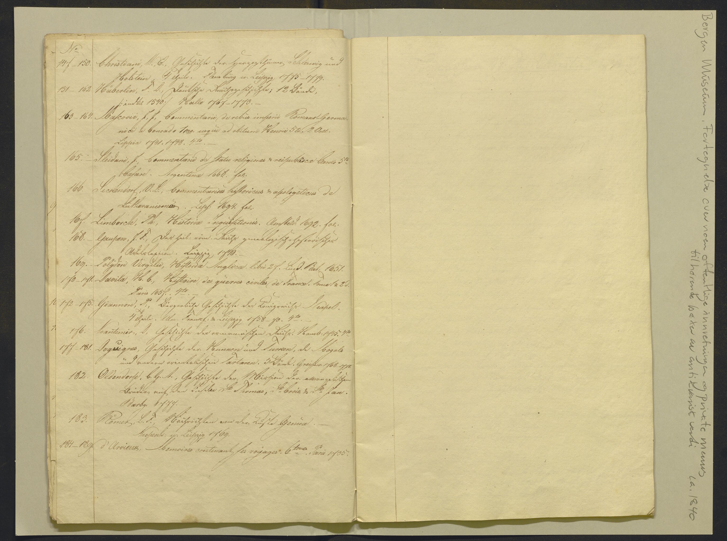 Bergens Museum, AV/SAB-A-17301/02/F/L0001: Kataloger over gjenstander og pergamentbrev , 1825-1880, p. 206