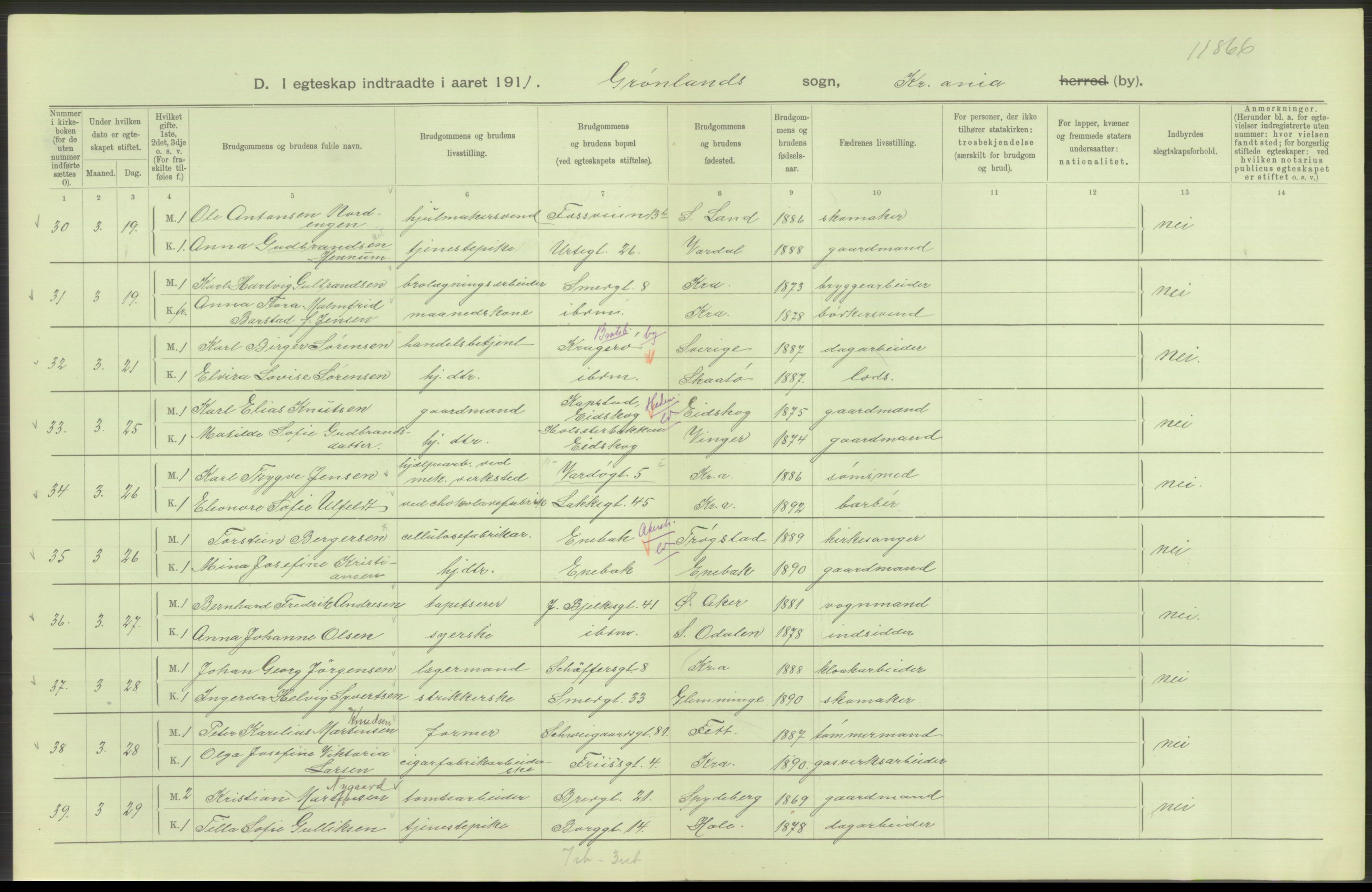 Statistisk sentralbyrå, Sosiodemografiske emner, Befolkning, AV/RA-S-2228/D/Df/Dfb/Dfba/L0008: Kristiania: Gifte, 1911, p. 252