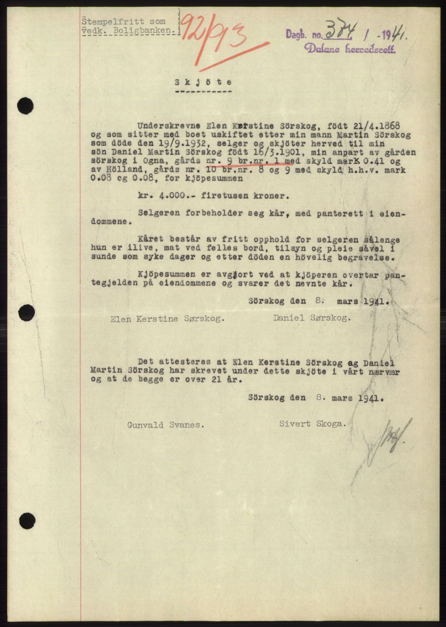 Dalane sorenskriveri, AV/SAST-A-100309/02/G/Gb/L0058: Mortgage book, 1926-1950, Deed date: 29.04.1941