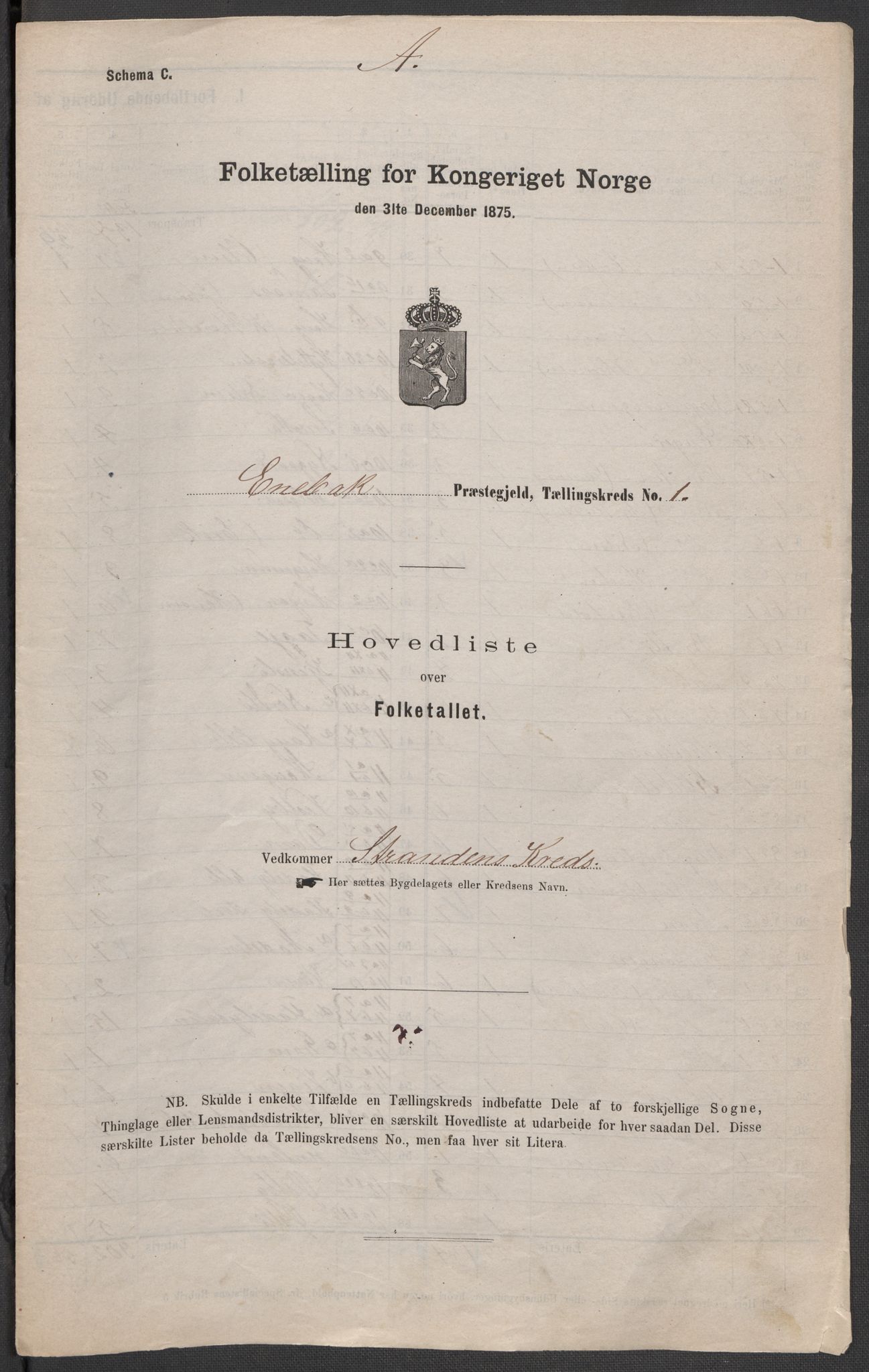 RA, 1875 census for 0229P Enebakk, 1875, p. 1