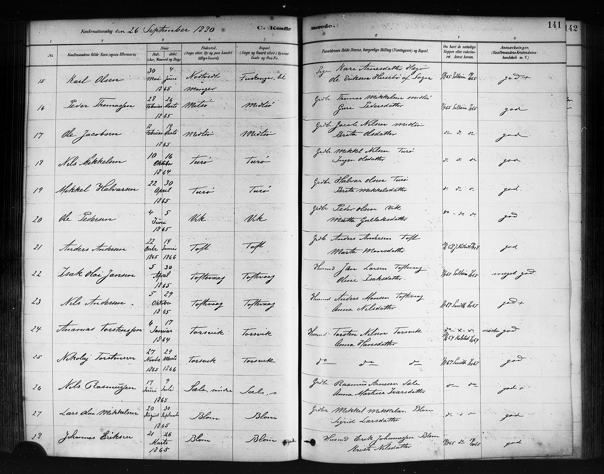 Herdla Sokneprestembete, AV/SAB-A-75701/H/Haa: Parish register (official) no. A 3, 1878-1890, p. 141