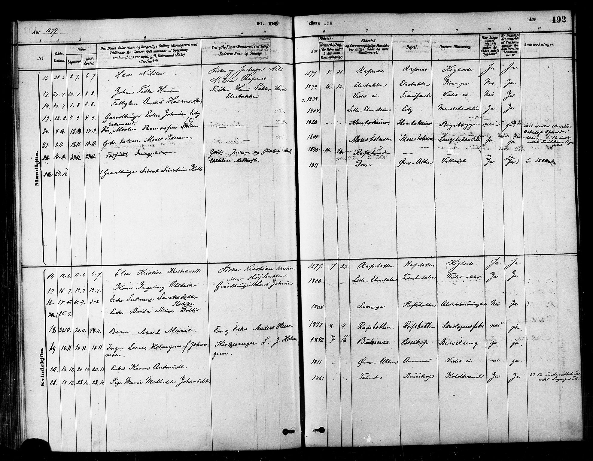 Alta sokneprestkontor, SATØ/S-1338/H/Ha/L0002.kirke: Parish register (official) no. 2, 1879-1892, p. 192