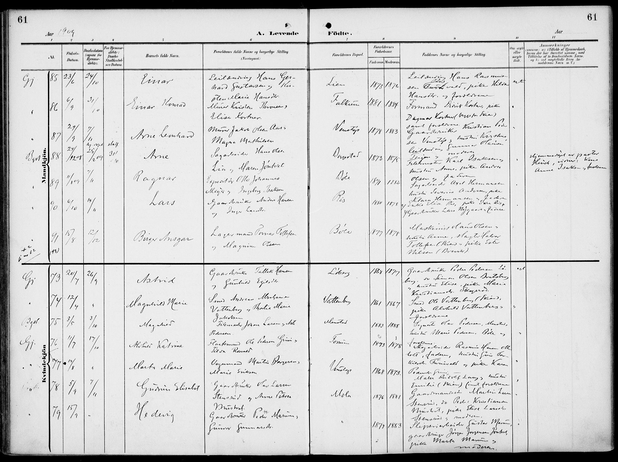 Gjerpen kirkebøker, SAKO/A-265/F/Fa/L0012: Parish register (official) no. I 12, 1905-1913, p. 61