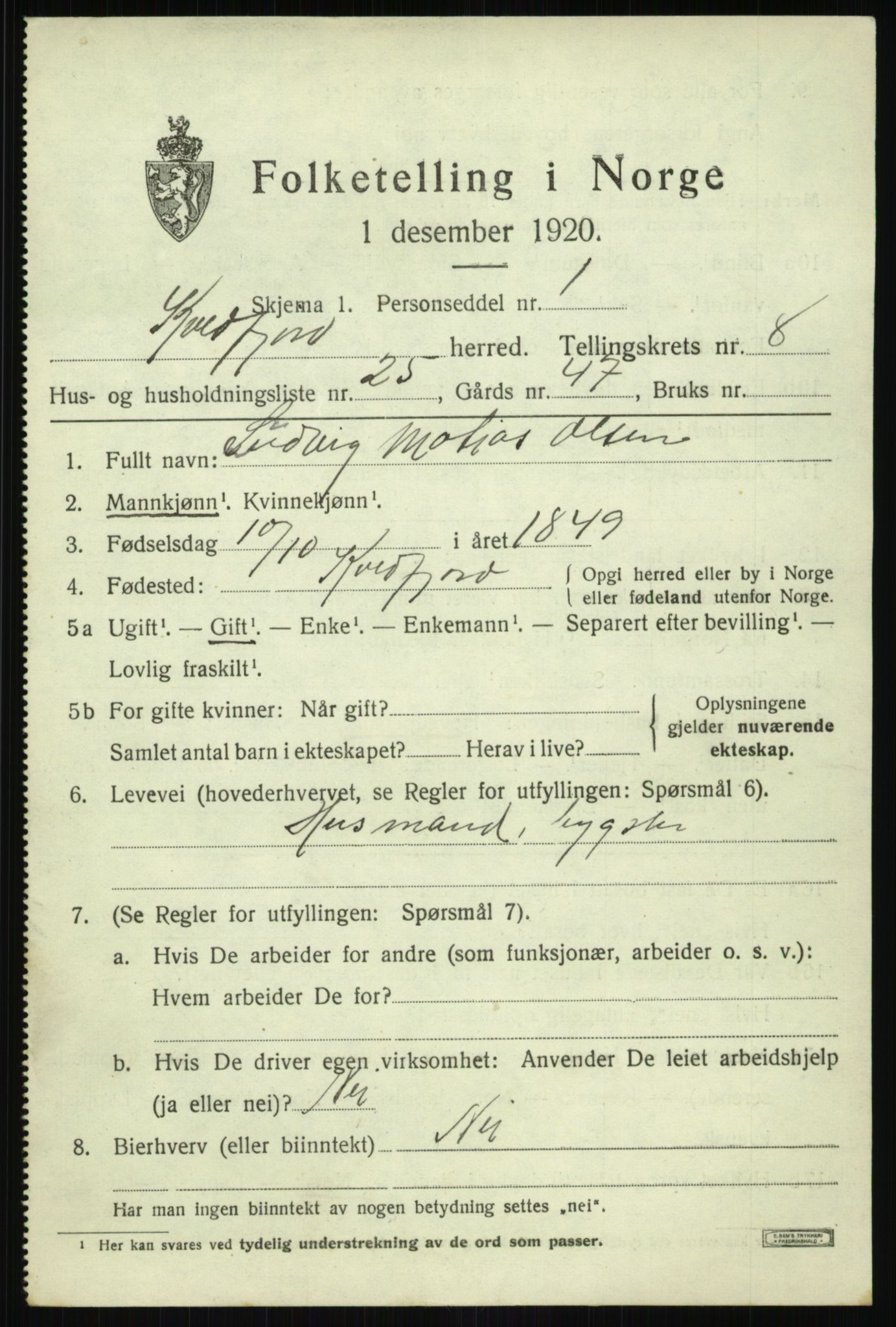 SATØ, 1920 census for Kvæfjord, 1920, p. 3983