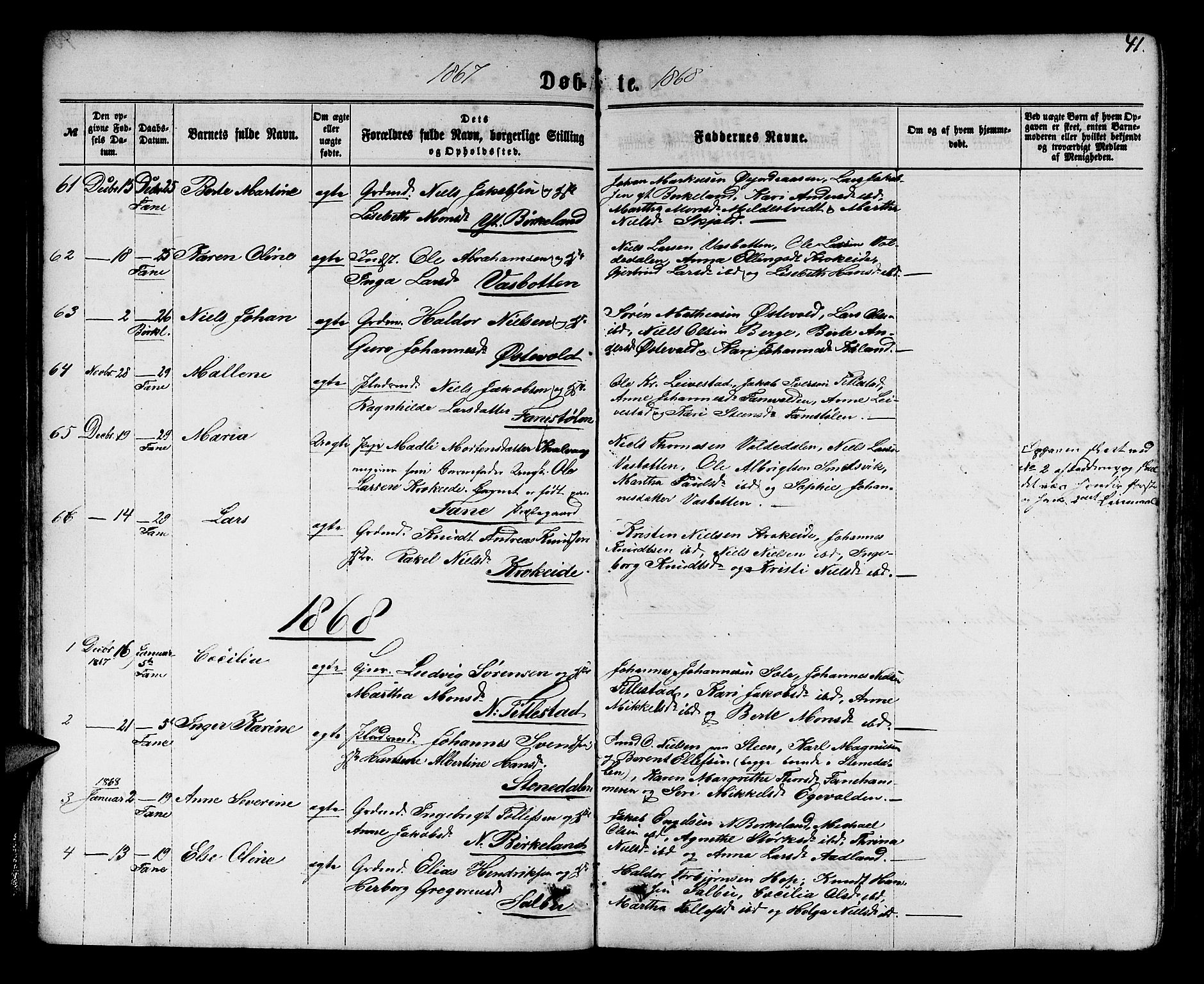 Fana Sokneprestembete, SAB/A-75101/H/Hab/Habb/L0003: Parish register (copy) no. B 3, 1861-1888, p. 41