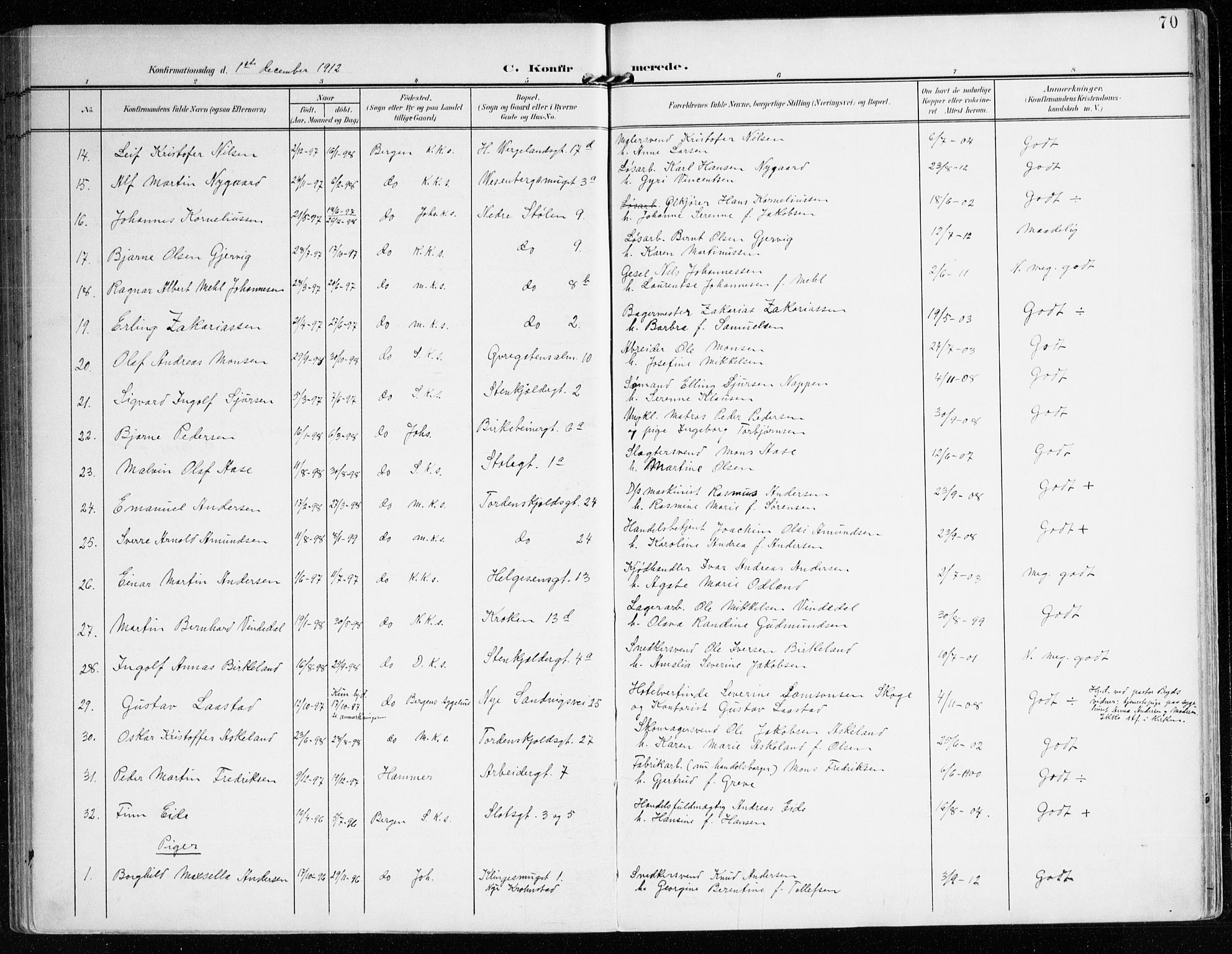 Mariakirken Sokneprestembete, SAB/A-76901/H/Haa/L0014: Parish register (official) no. C 2, 1900-1916, p. 70