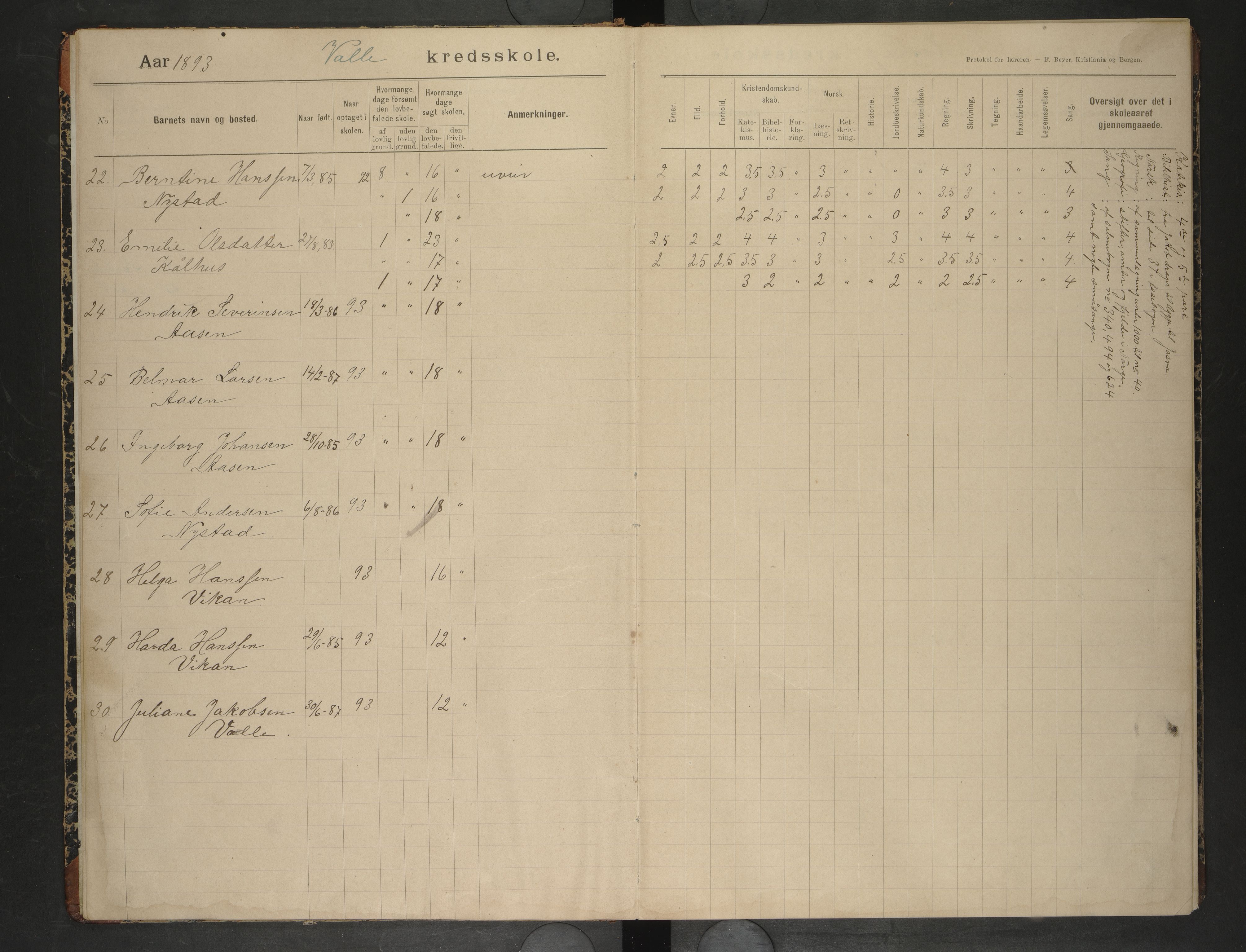 Bodin kommune. Ymse skolekretser/skoler, AIN/K-18431.510.12/F/Fa/L0014: Skoleprotokoll. Godøynes, Løding, Valle , 1893-1903