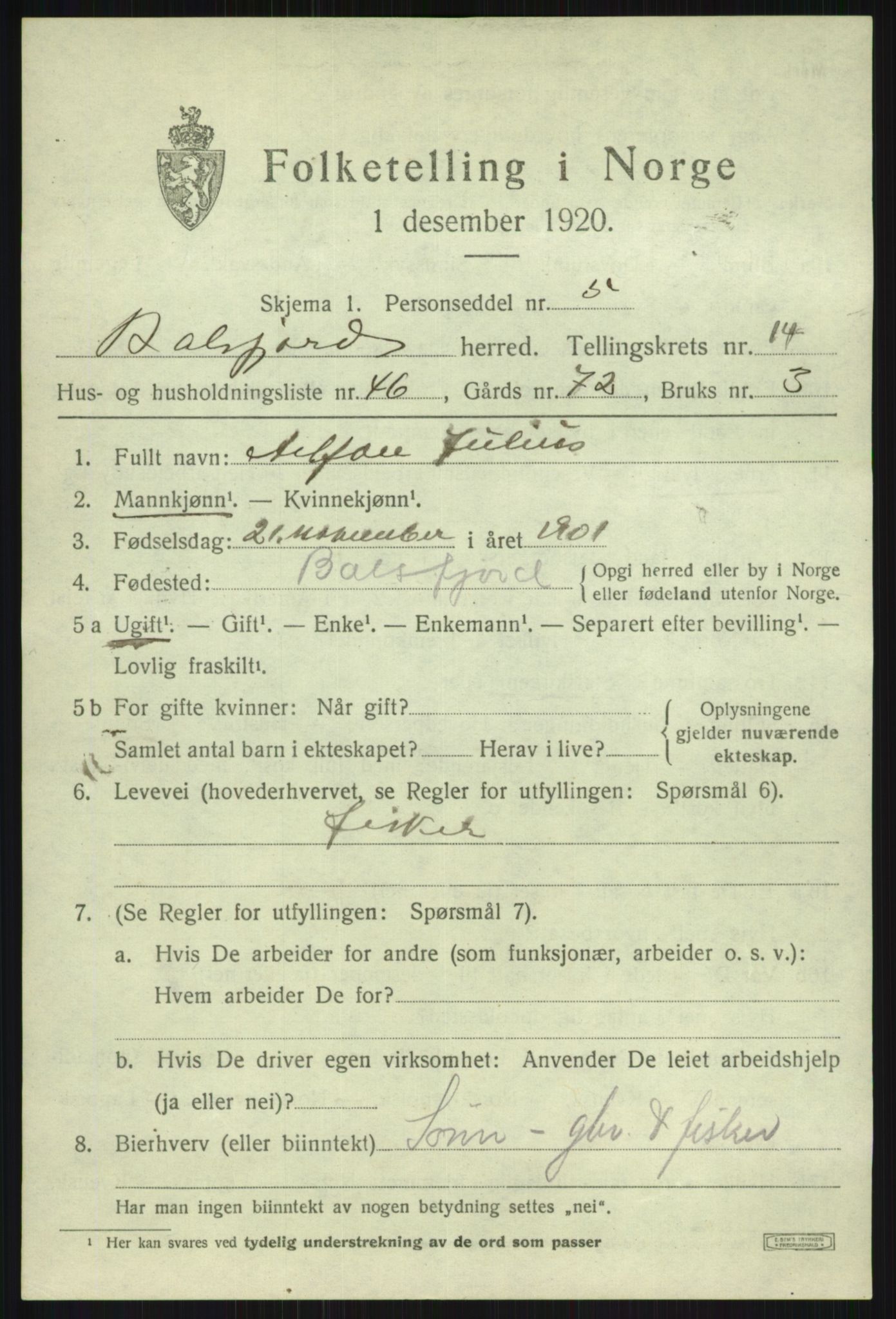 SATØ, 1920 census for Balsfjord, 1920, p. 8707