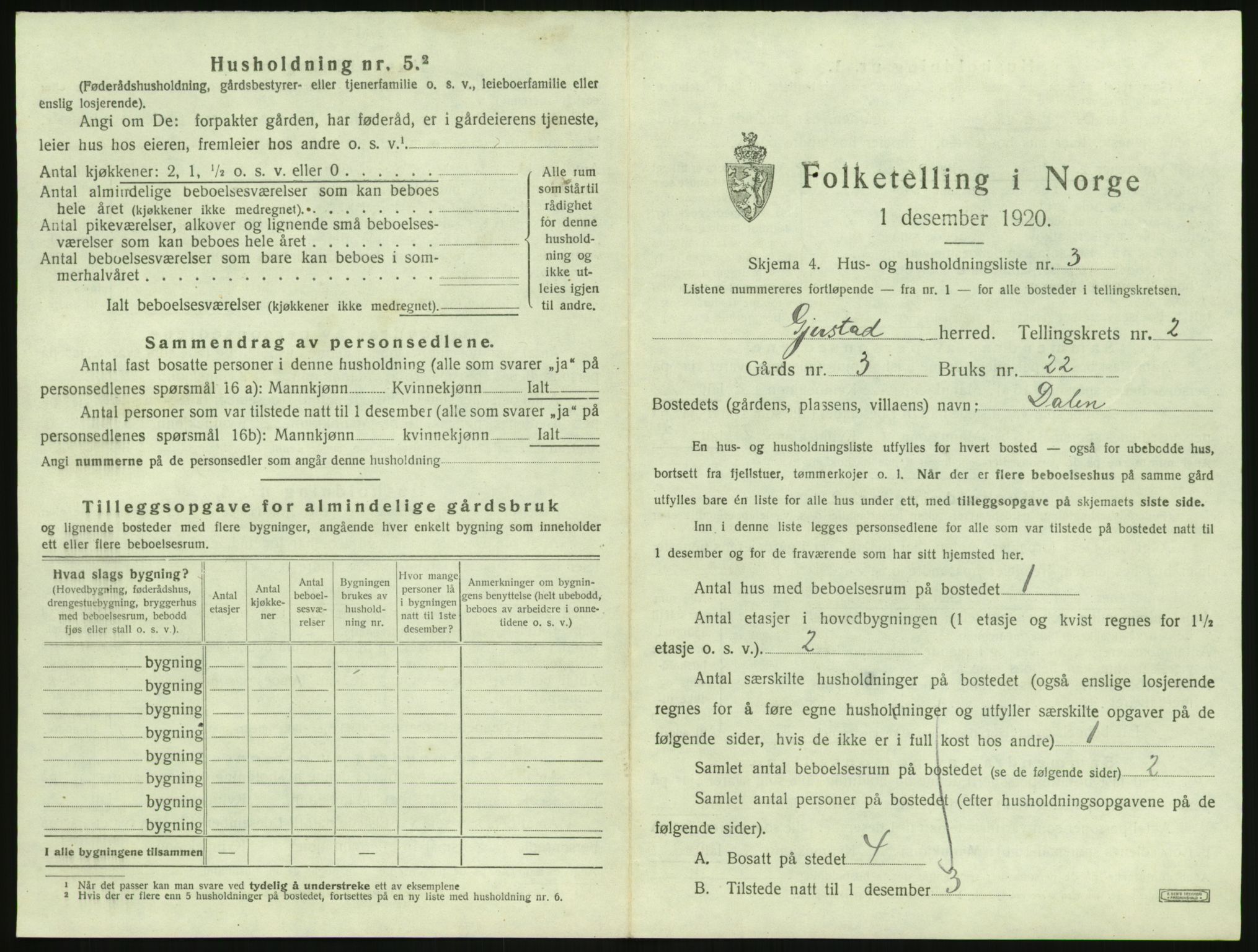 SAK, 1920 census for Gjerstad, 1920, p. 109