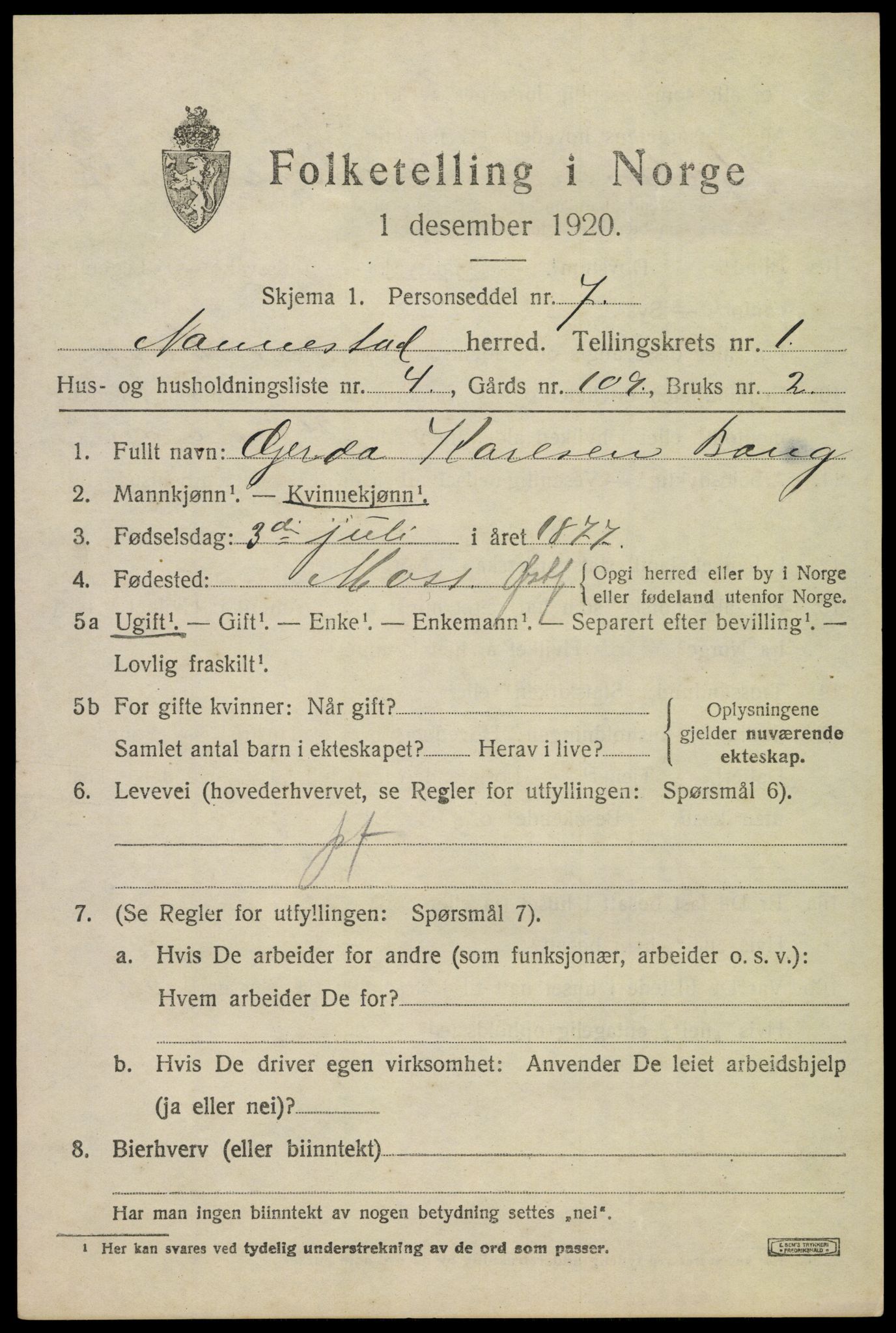 SAO, 1920 census for Nannestad, 1920, p. 1643
