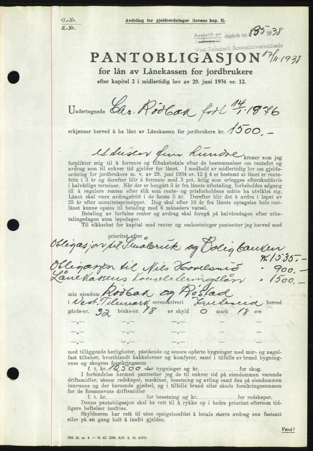 Vest-Telemark sorenskriveri, AV/SAKO-A-134/G/Ga/Gad/L0002: Mortgage book no. B-2, 1938-1941, Diary no: : 835/1938