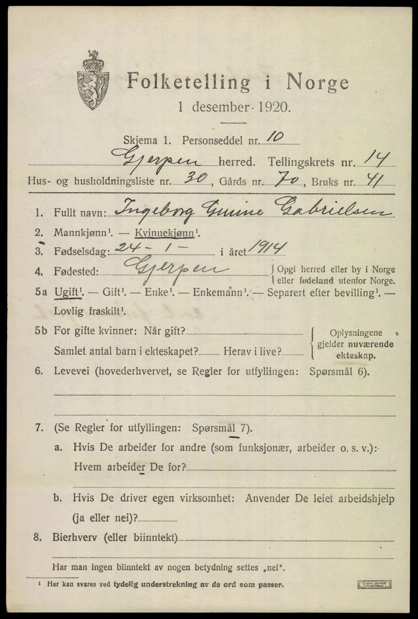 SAKO, 1920 census for Gjerpen, 1920, p. 16174