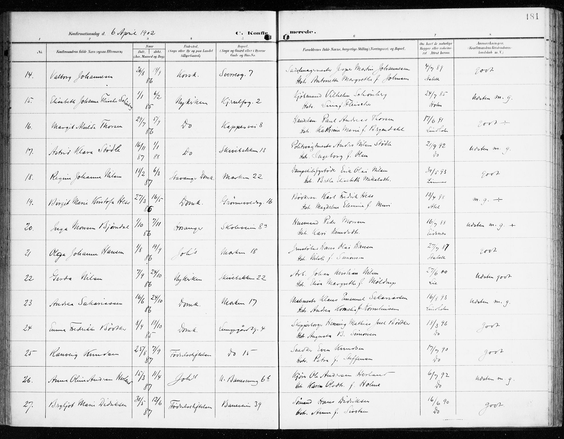 Domkirken sokneprestembete, AV/SAB-A-74801/H/Haa/L0031: Parish register (official) no. C 6, 1898-1915, p. 181