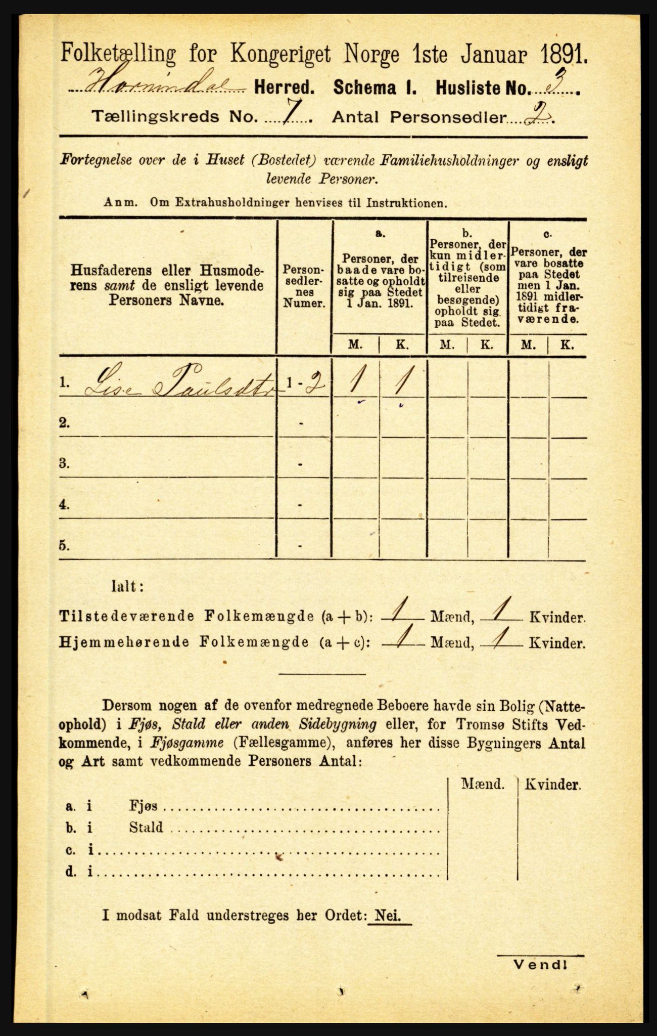 RA, 1891 census for 1444 Hornindal, 1891, p. 1729