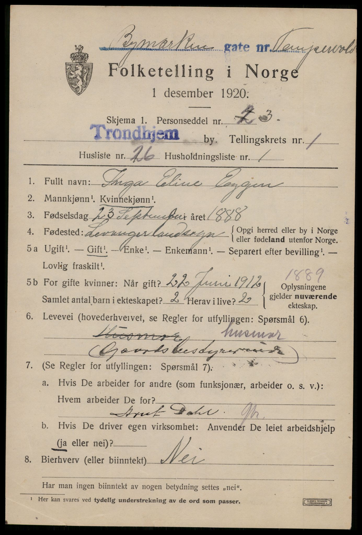 SAT, 1920 census for Trondheim, 1920, p. 33082