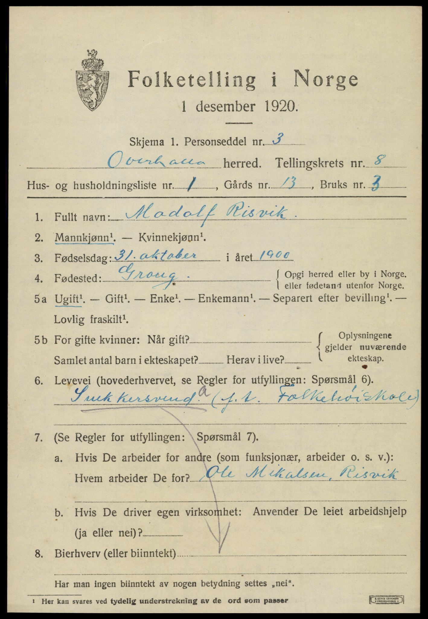 SAT, 1920 census for Overhalla, 1920, p. 5392