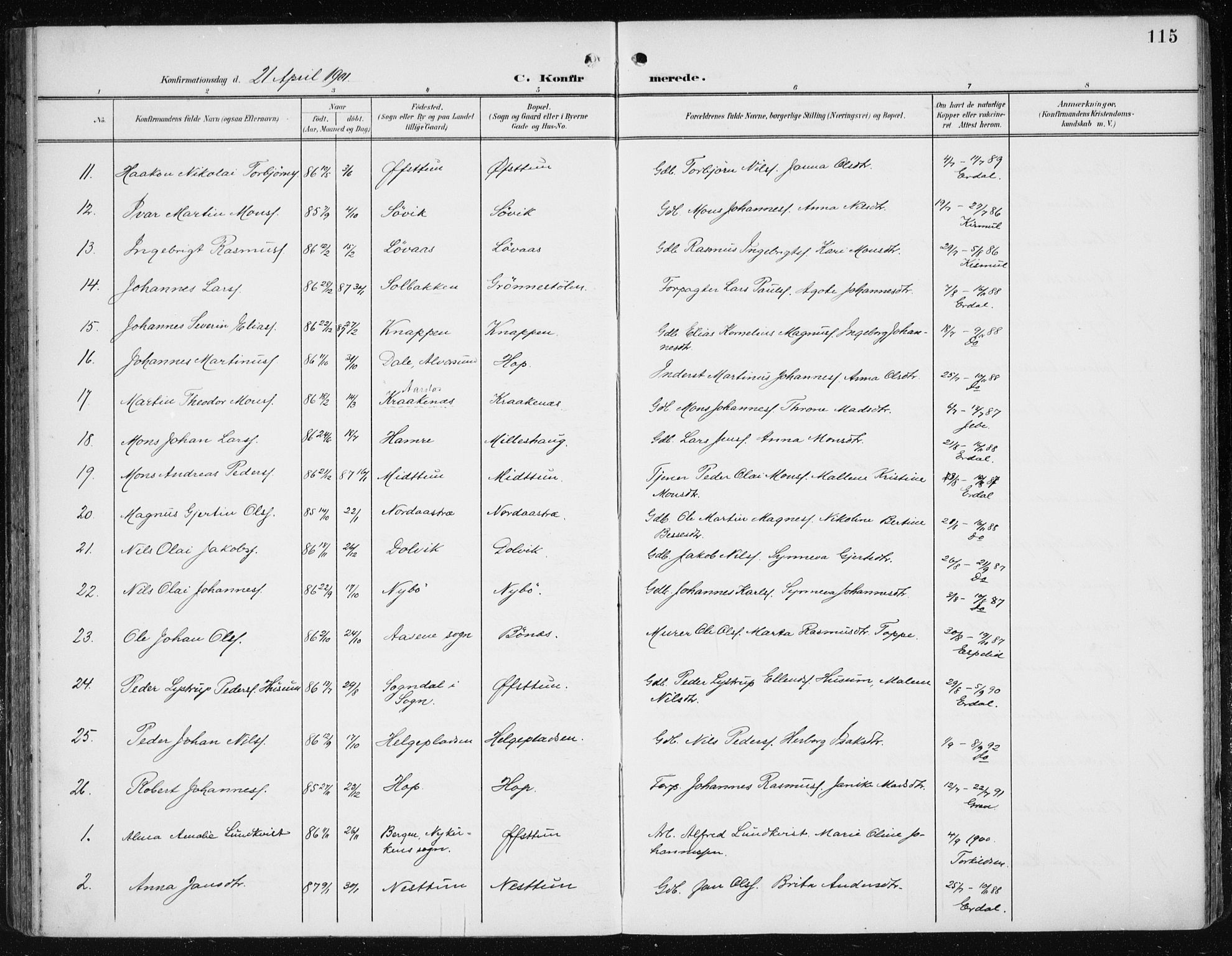 Fana Sokneprestembete, SAB/A-75101/H/Haa/Haai/L0003: Parish register (official) no. I 3, 1900-1912, p. 115