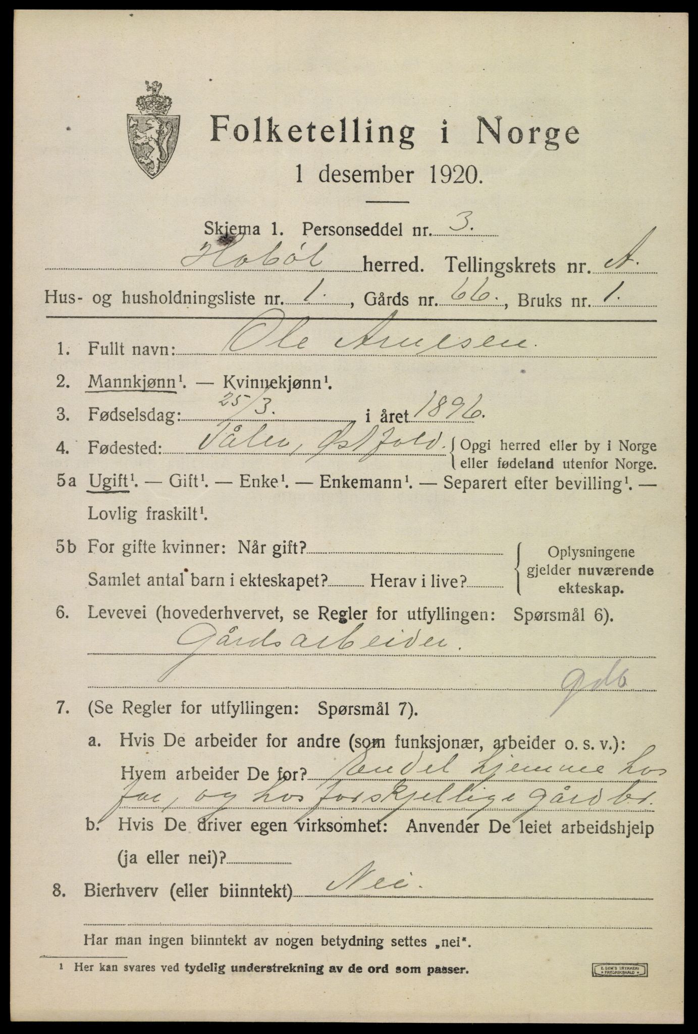 SAO, 1920 census for Hobøl, 1920, p. 890