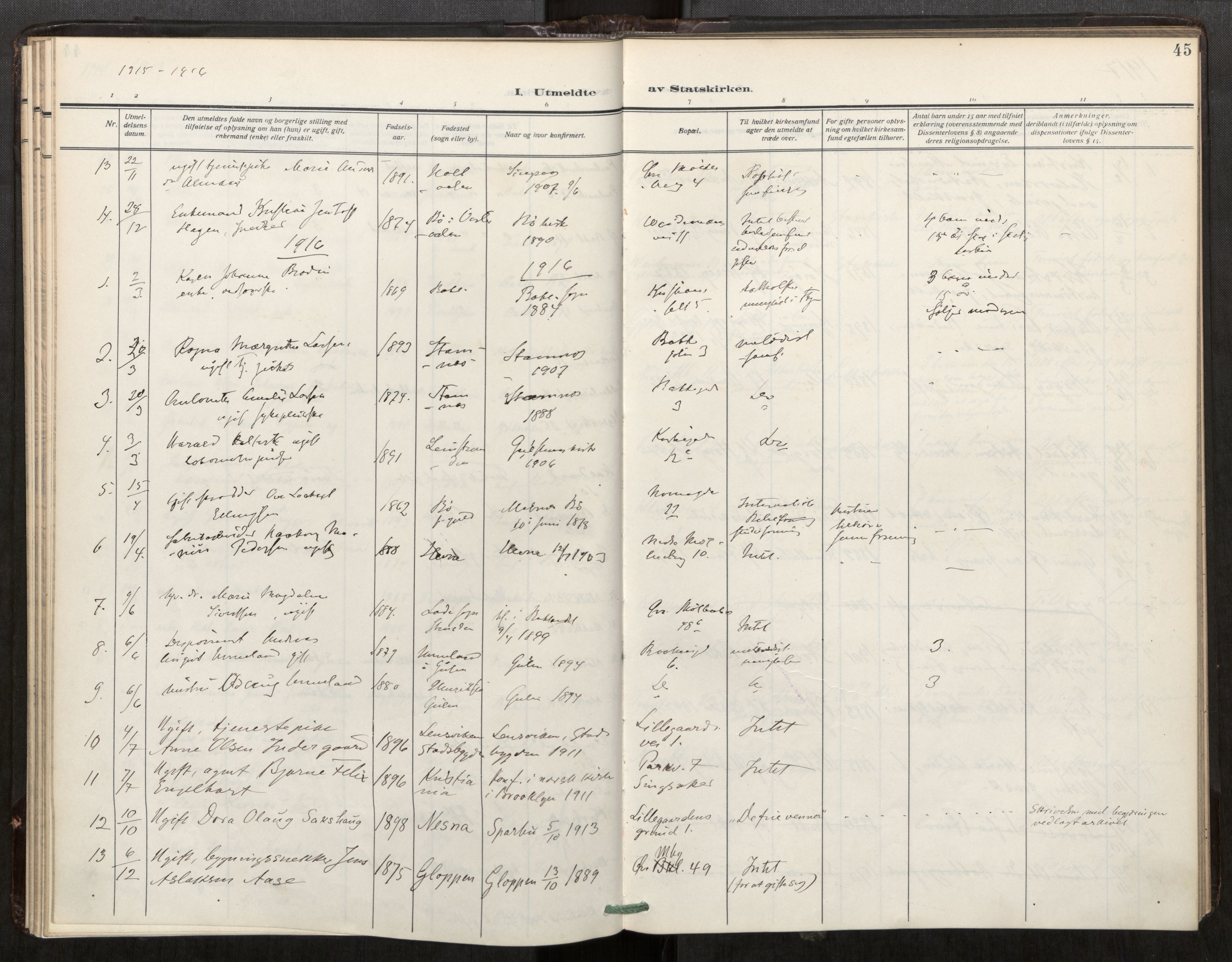 Bakklandet sokneprestkontor, SAT/A-1127: Parish register (official) no. 604A32, 1912-1919, p. 45