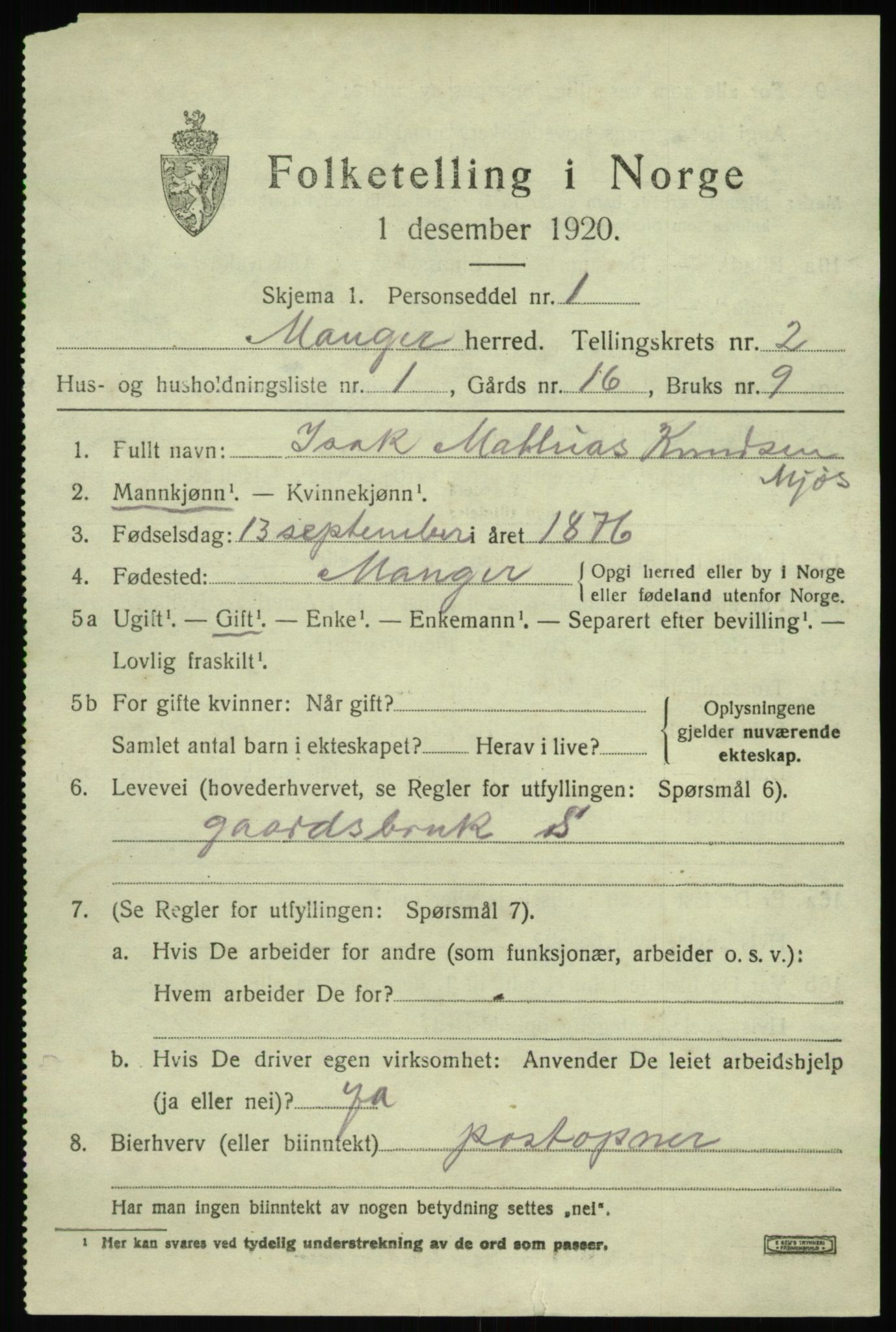 SAB, 1920 census for Manger, 1920, p. 1963