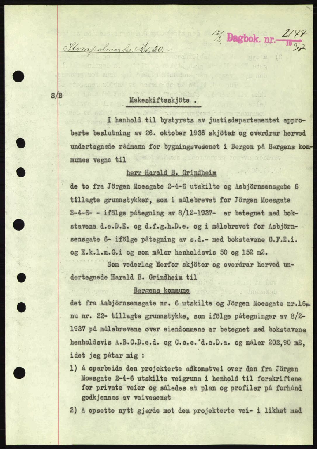 Byfogd og Byskriver i Bergen, SAB/A-3401/03/03Bc/L0004: Mortgage book no. A3-4, 1936-1937, Diary no: : 2147/1937