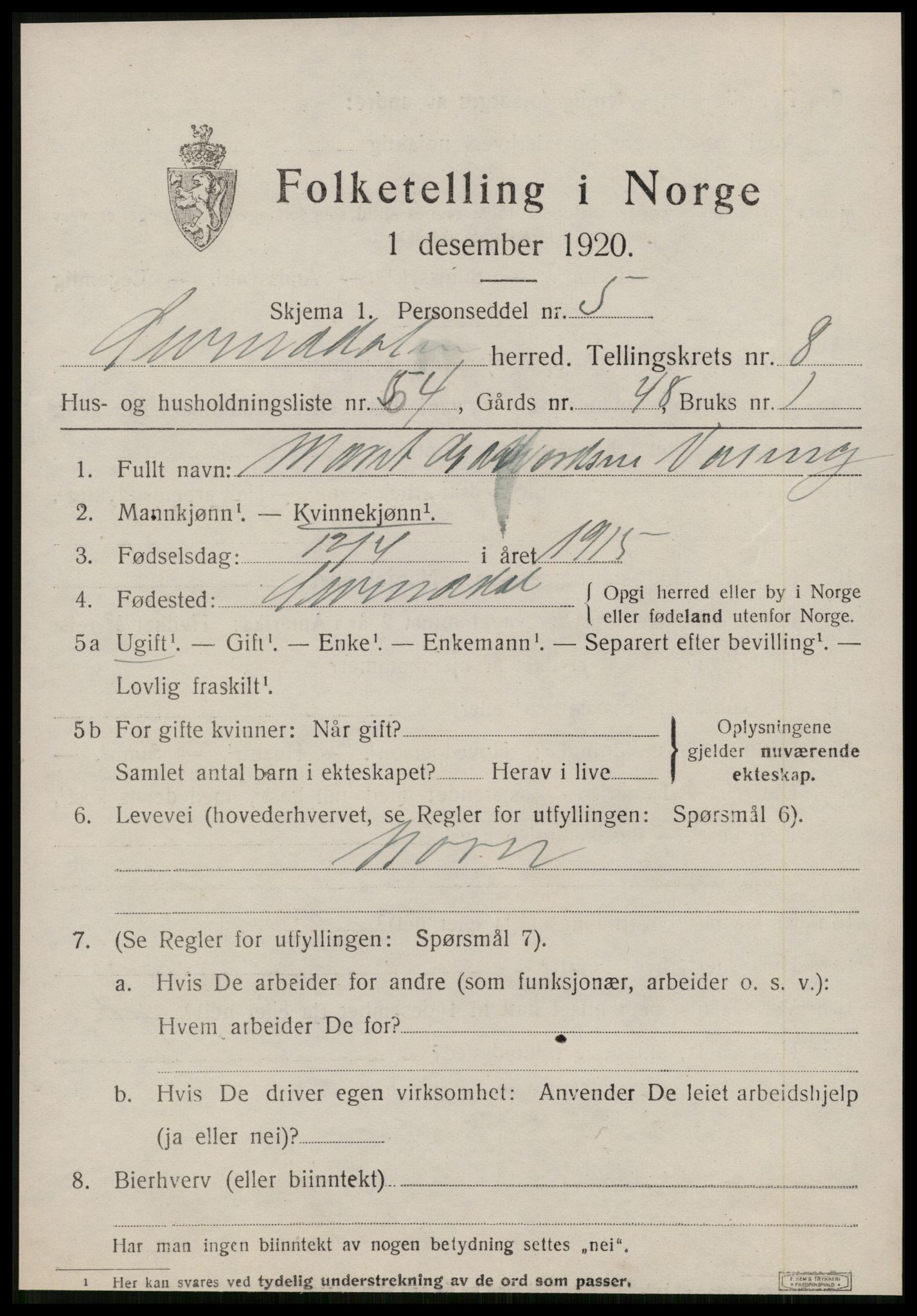 SAT, 1920 census for Surnadal, 1920, p. 6343