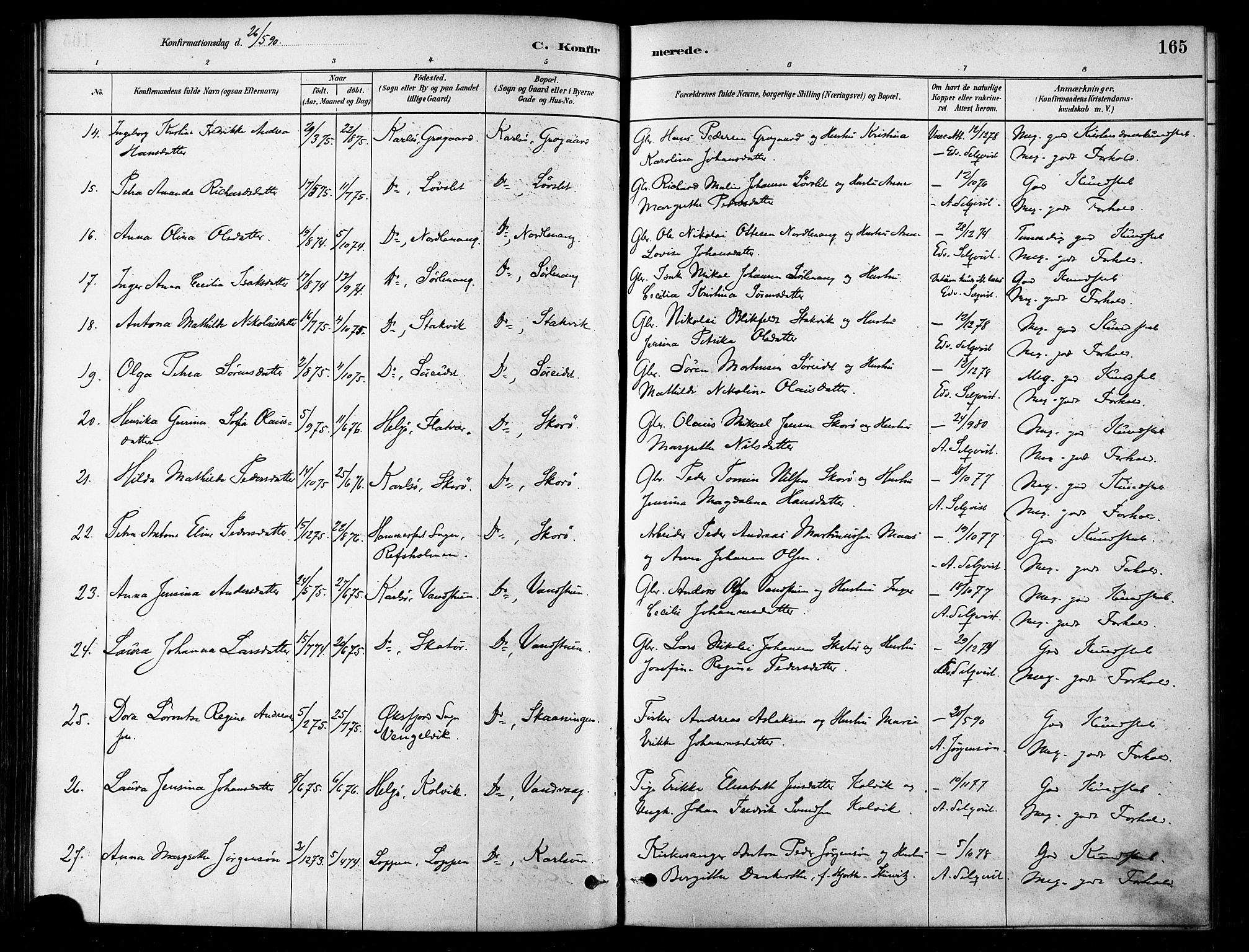 Karlsøy sokneprestembete, SATØ/S-1299/H/Ha/Haa/L0006kirke: Parish register (official) no. 6, 1879-1890, p. 165